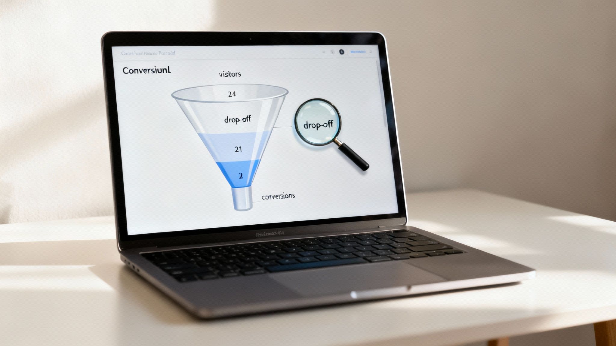 A laptop displays a digital marketing conversion funnel graphic showing visitors, drop-off, and conversions.