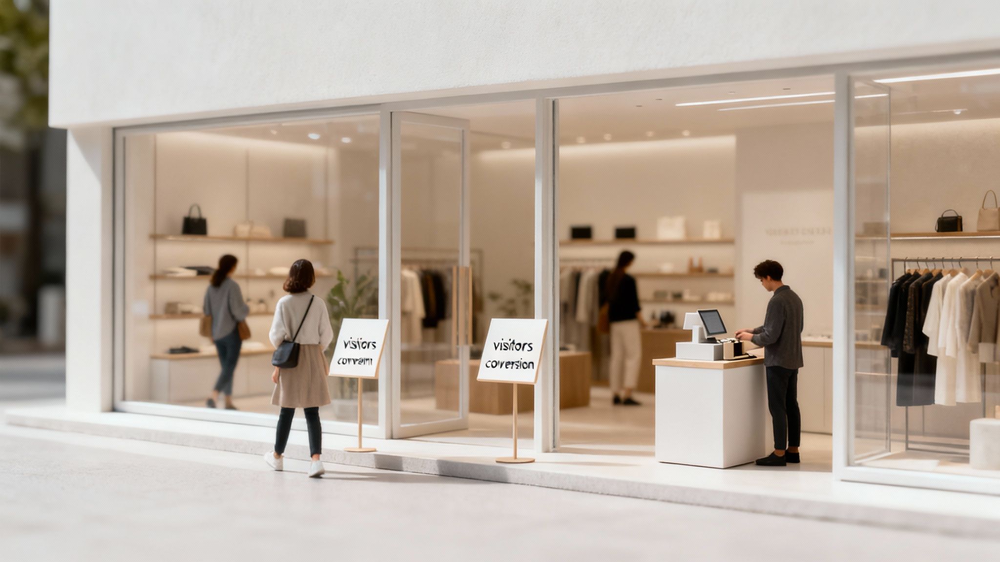 A clean, modern retail store entrance with two women outside and a man at the checkout inside, highlighting visitor conversion.