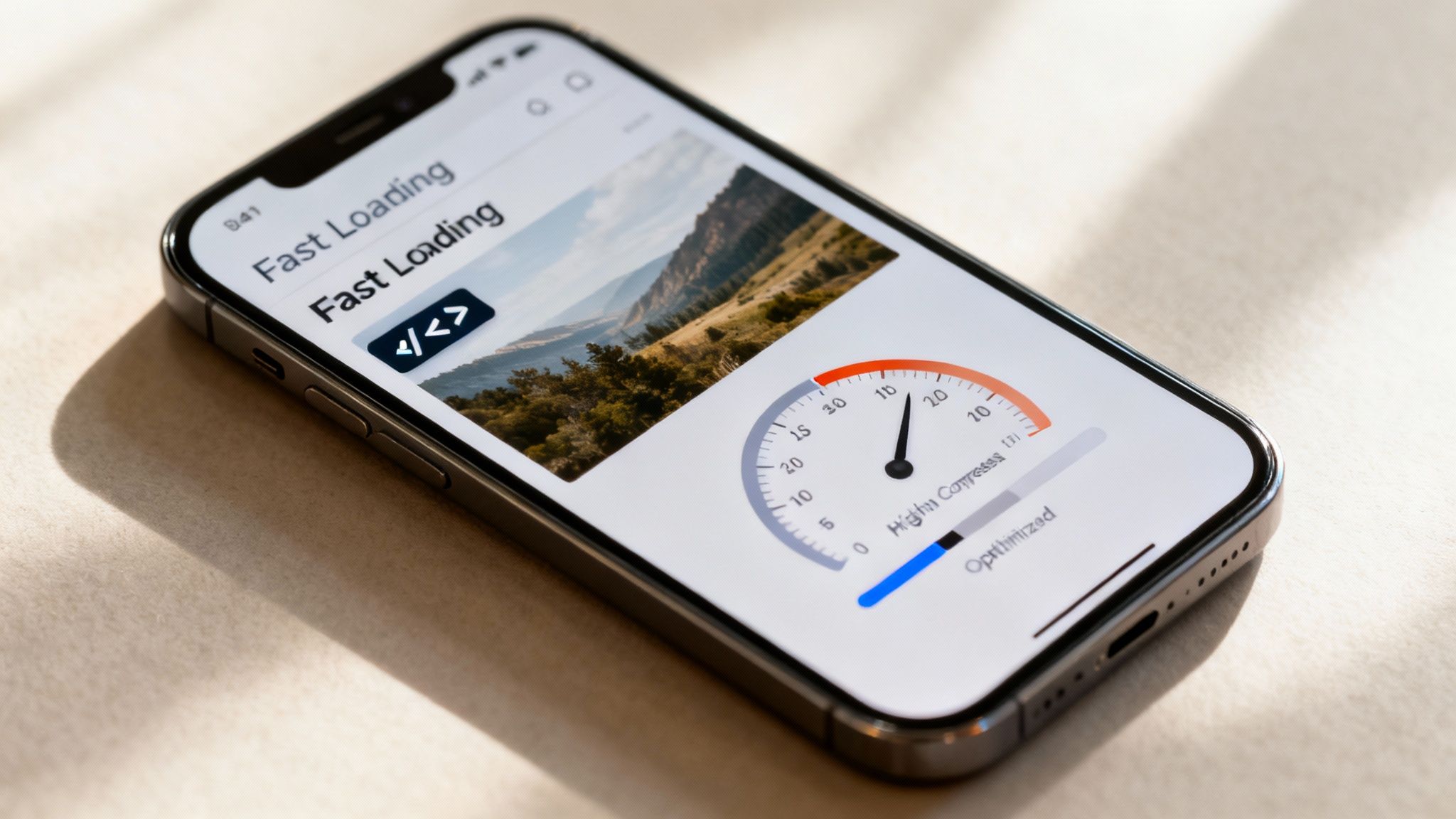 Smartphone displaying a 'Fast Loading' webpage with a speed gauge indicating 'Optimized' performance.