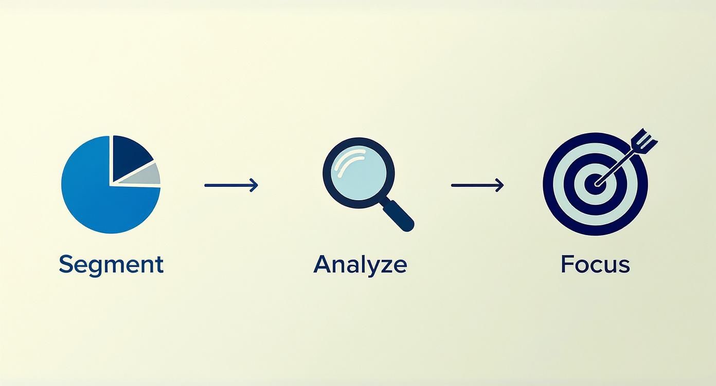 Visual guide illustrating the segment, analyze, and focus strategy with icons and arrows.