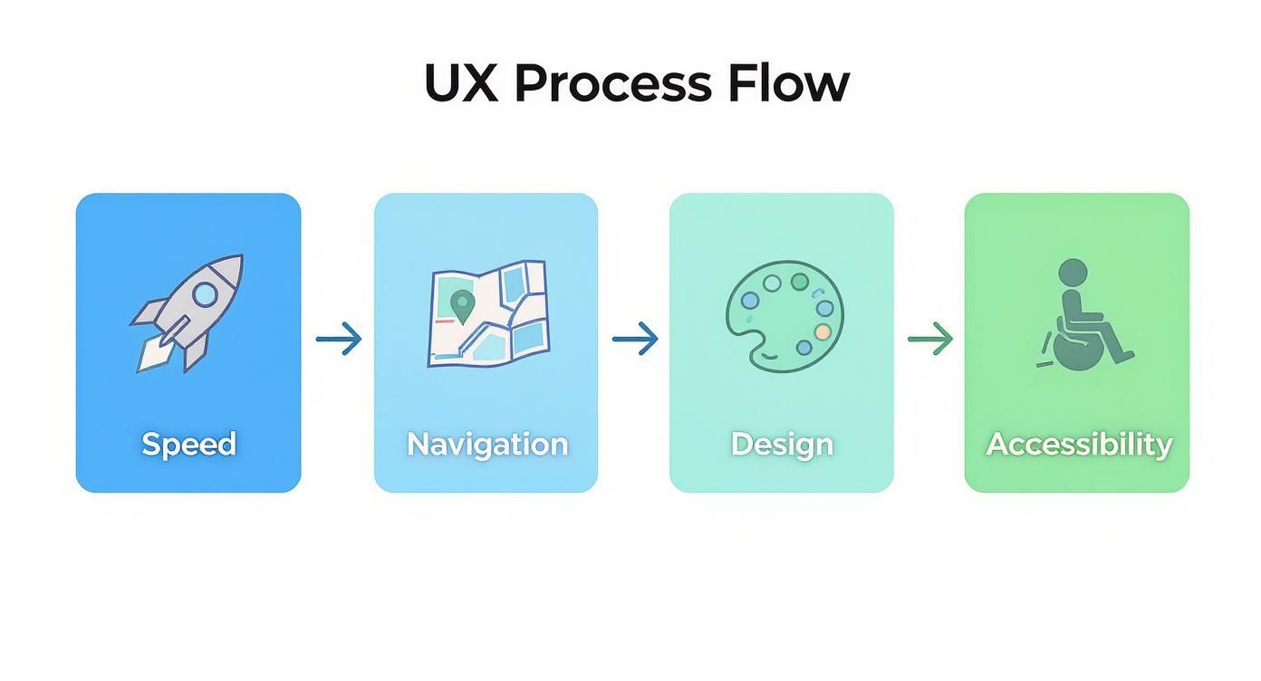 A UX process flow diagram illustrating four key steps: Speed, Navigation, Design, and Accessibility.