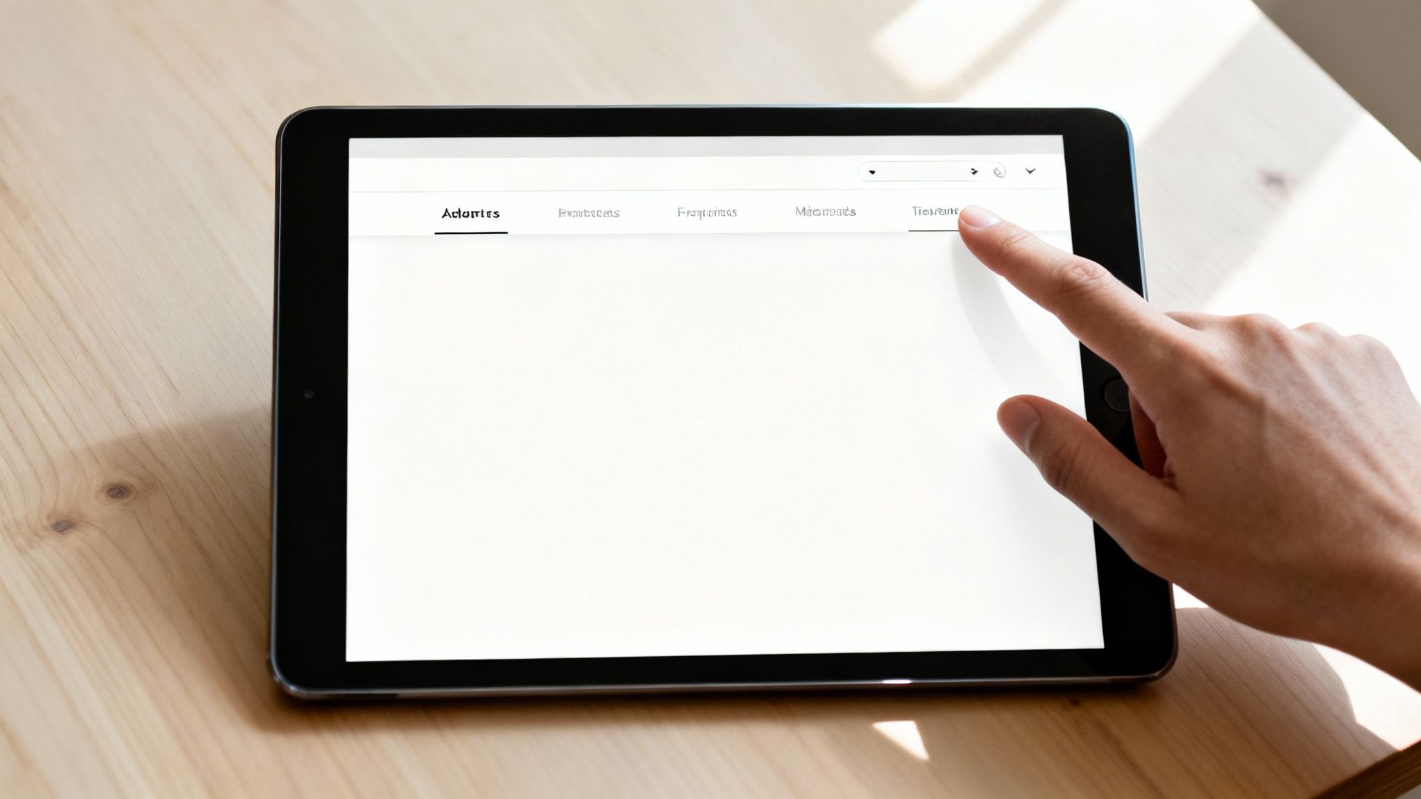 A hand taps on a tablet screen displaying a website with multiple menu tabs.
