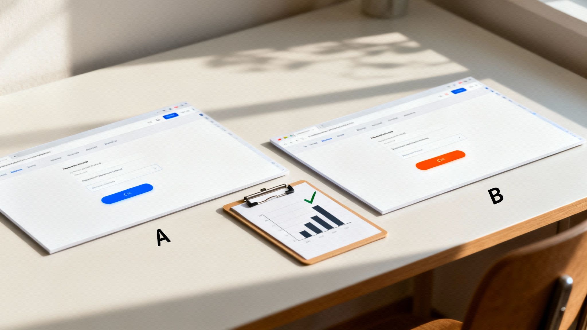 Two browser windows, A and B, display different UI form designs for A/B testing on a desk, with a chart showing successful conversion.