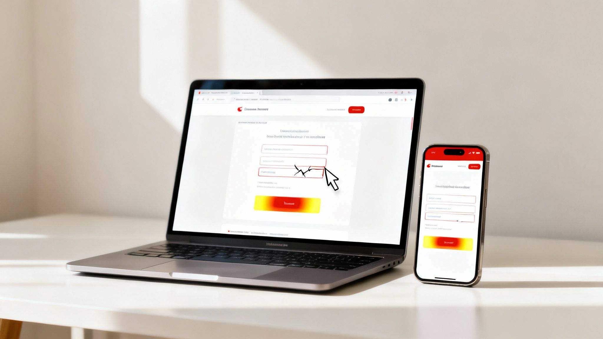 A laptop and a smartphone on a desk, both displaying a login page for an online banking service.