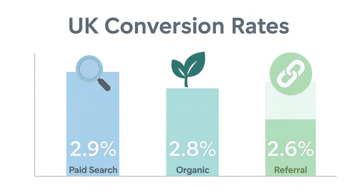 Bar chart showing UK conversion rates: Paid Search 2.9%, Organic 2.8%, and Referral 2.6%.