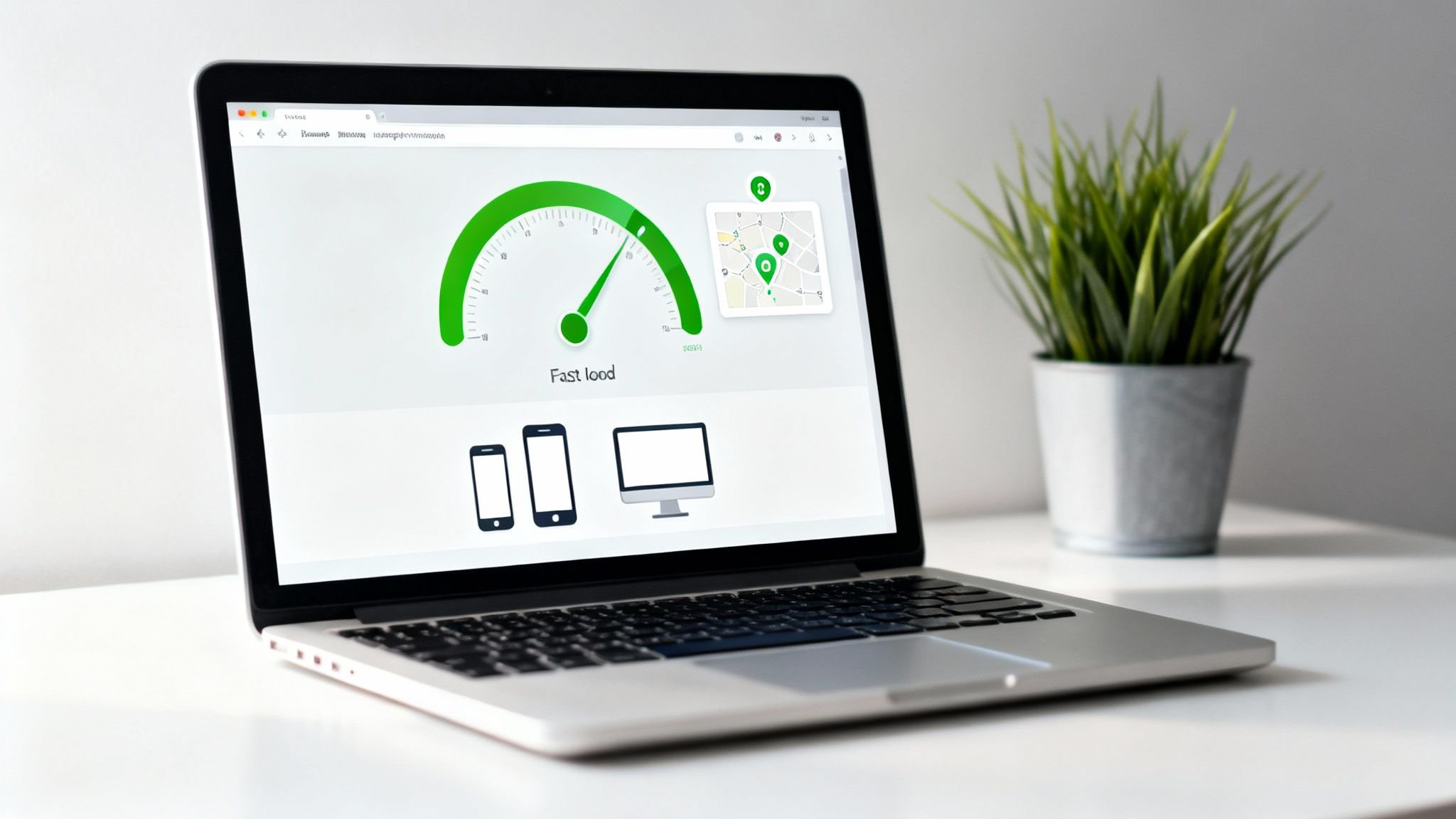 A silver laptop displays a website speed test showing 'Fast load' with mobile and desktop icons.