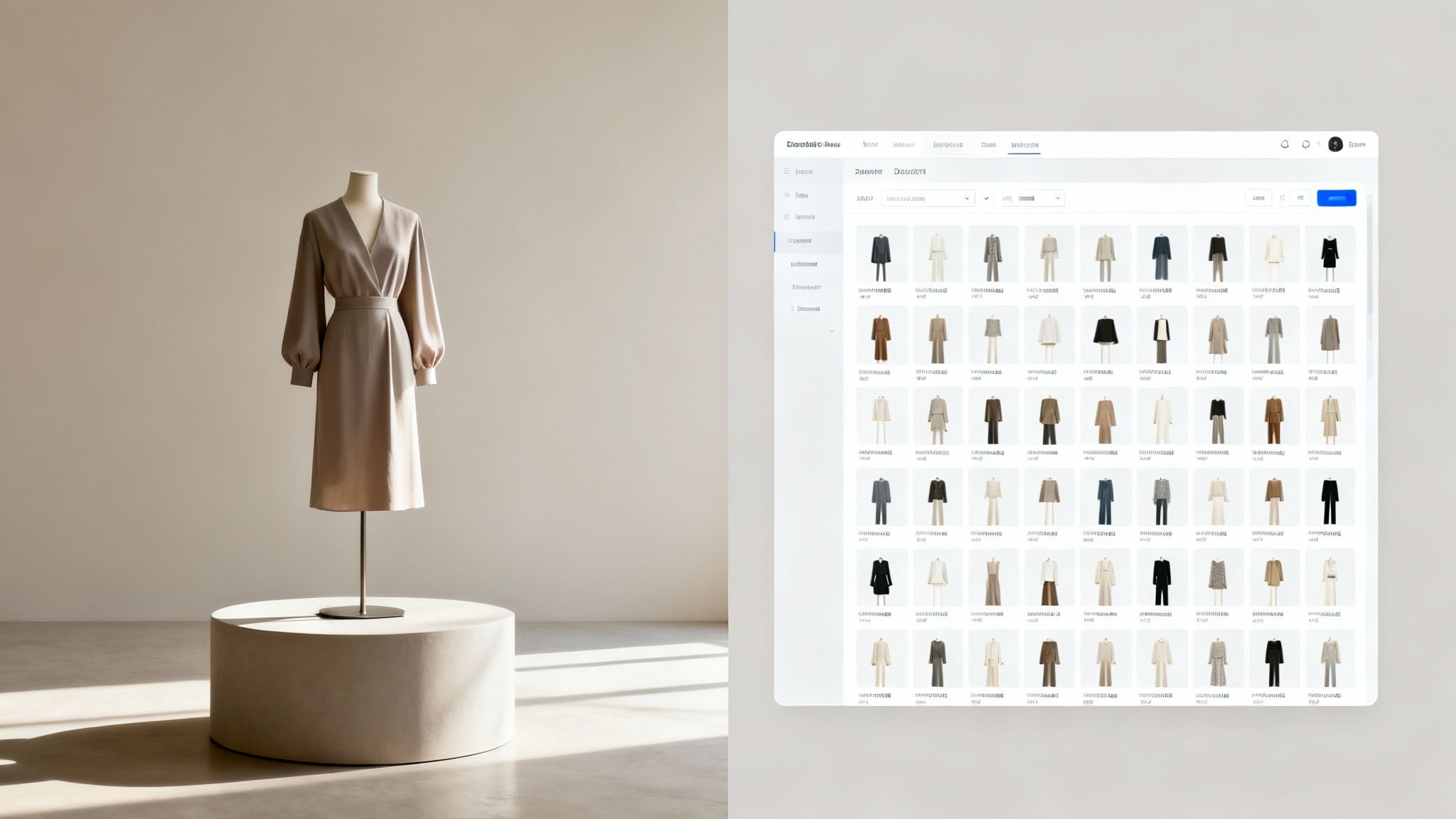 A mannequin in a beige dress on a pedestal beside a digital interface displaying a product catalog.
