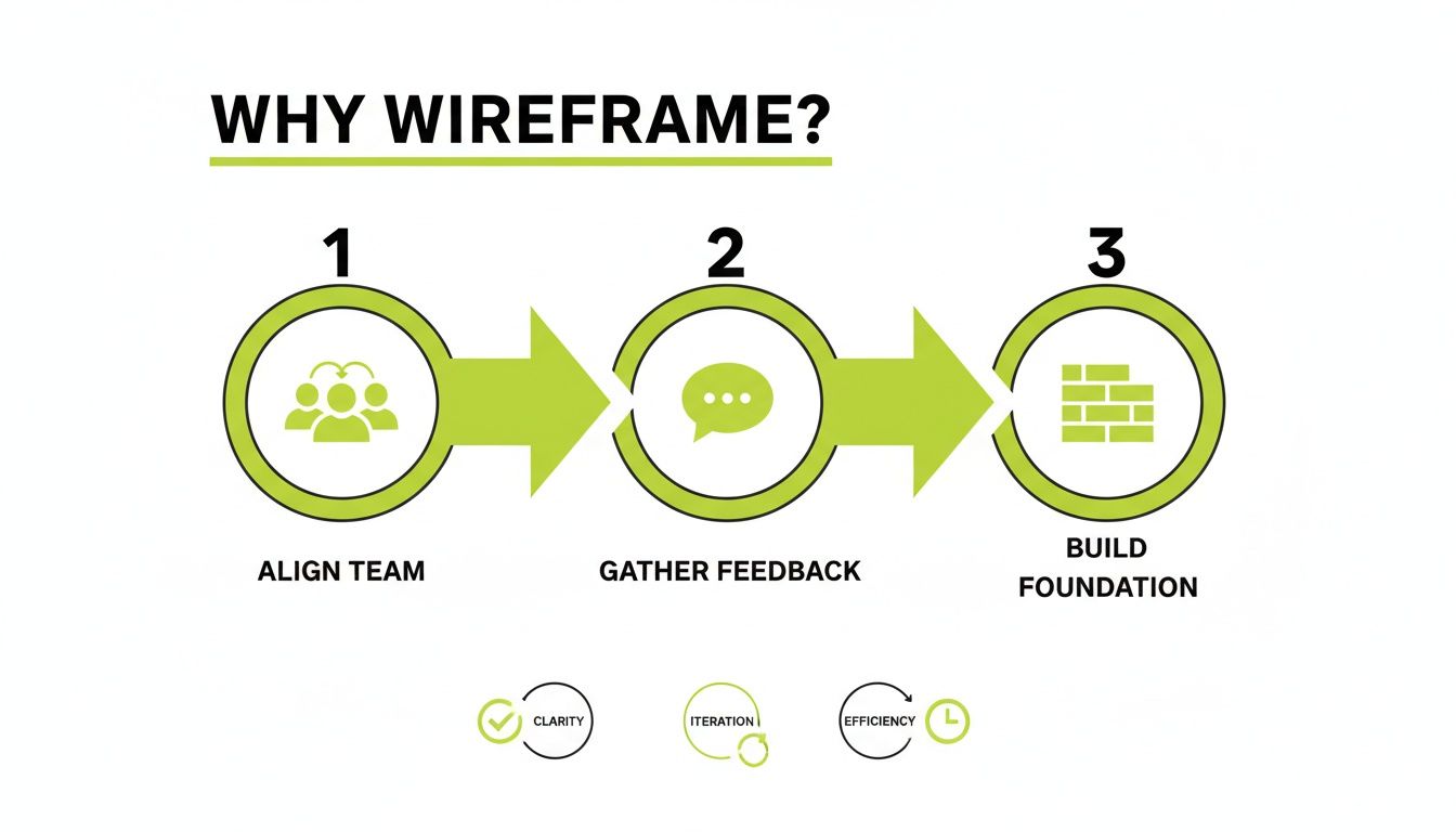 Diagram explaining why wireframing is beneficial, showing steps like aligning teams, gathering feedback, and building a strong foundation.