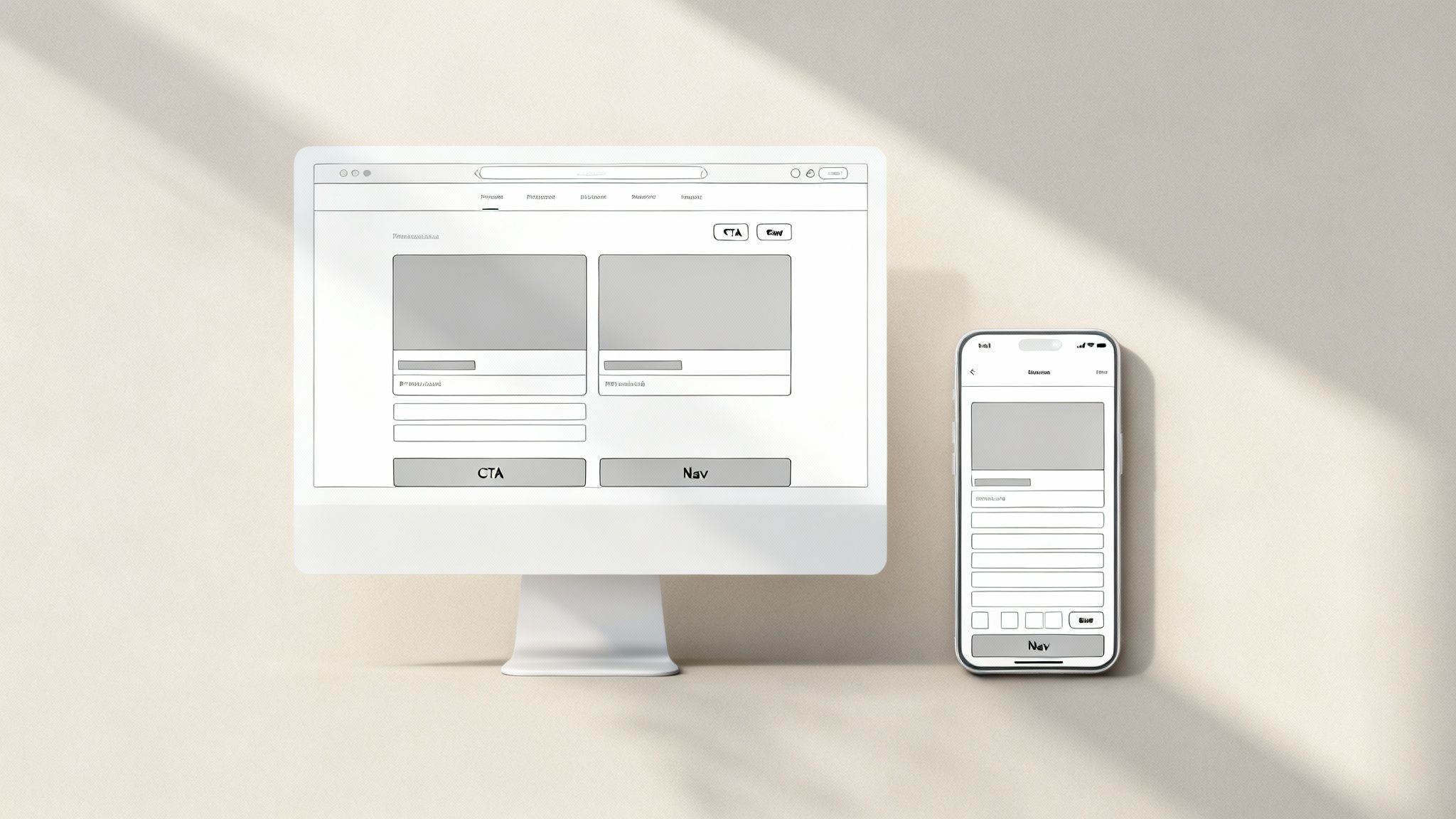 Wireframe designs displayed on a desktop monitor and a smartphone, illustrating UI concepts.