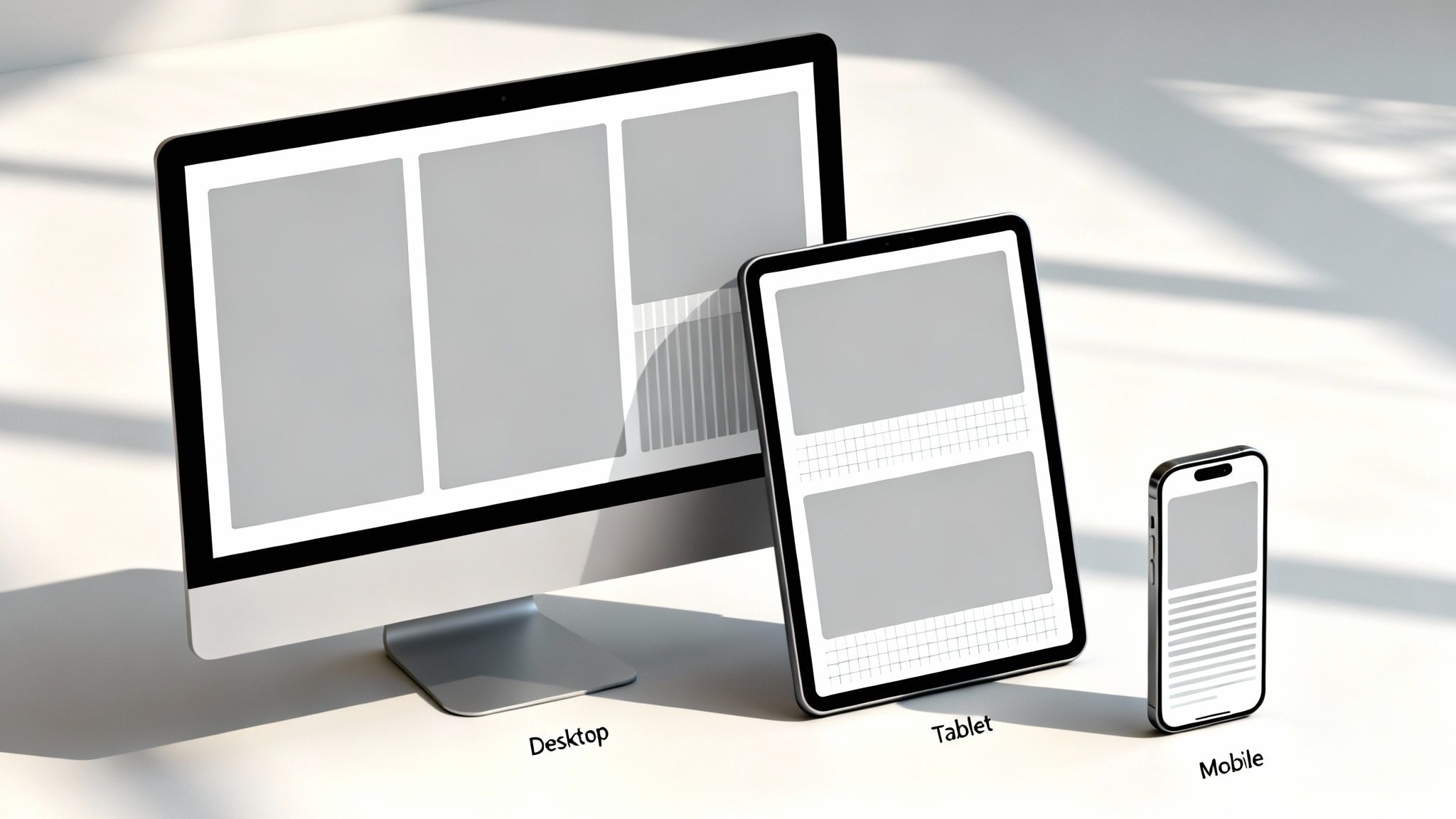 A desktop monitor, tablet, and mobile phone displaying responsive wireframe layouts.