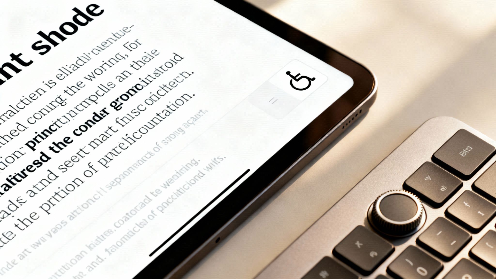Close-up of a tablet screen displaying text and an accessibility icon, next to a keyboard with a dial.