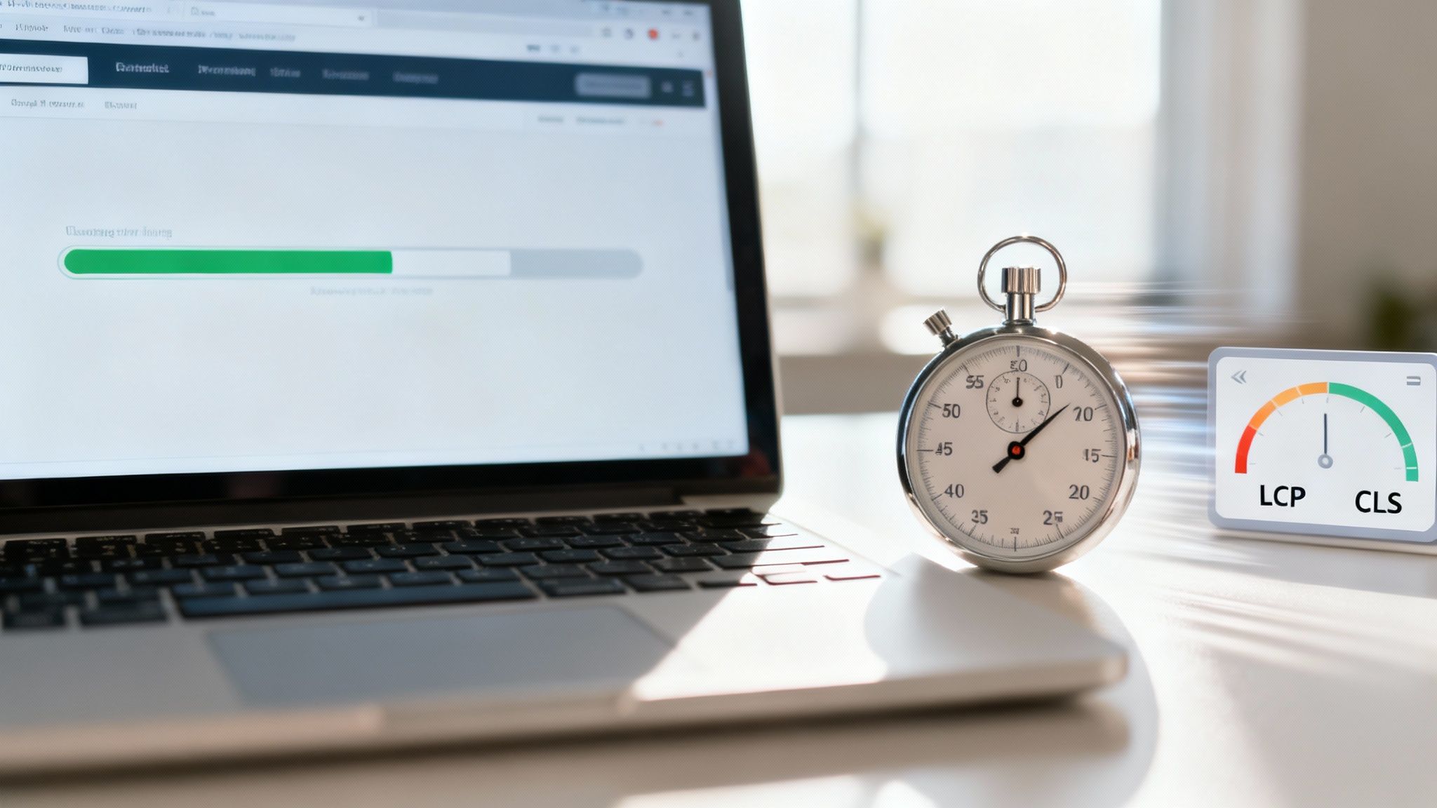A laptop displaying a progress bar, a stopwatch, and a gauge for website performance metrics.