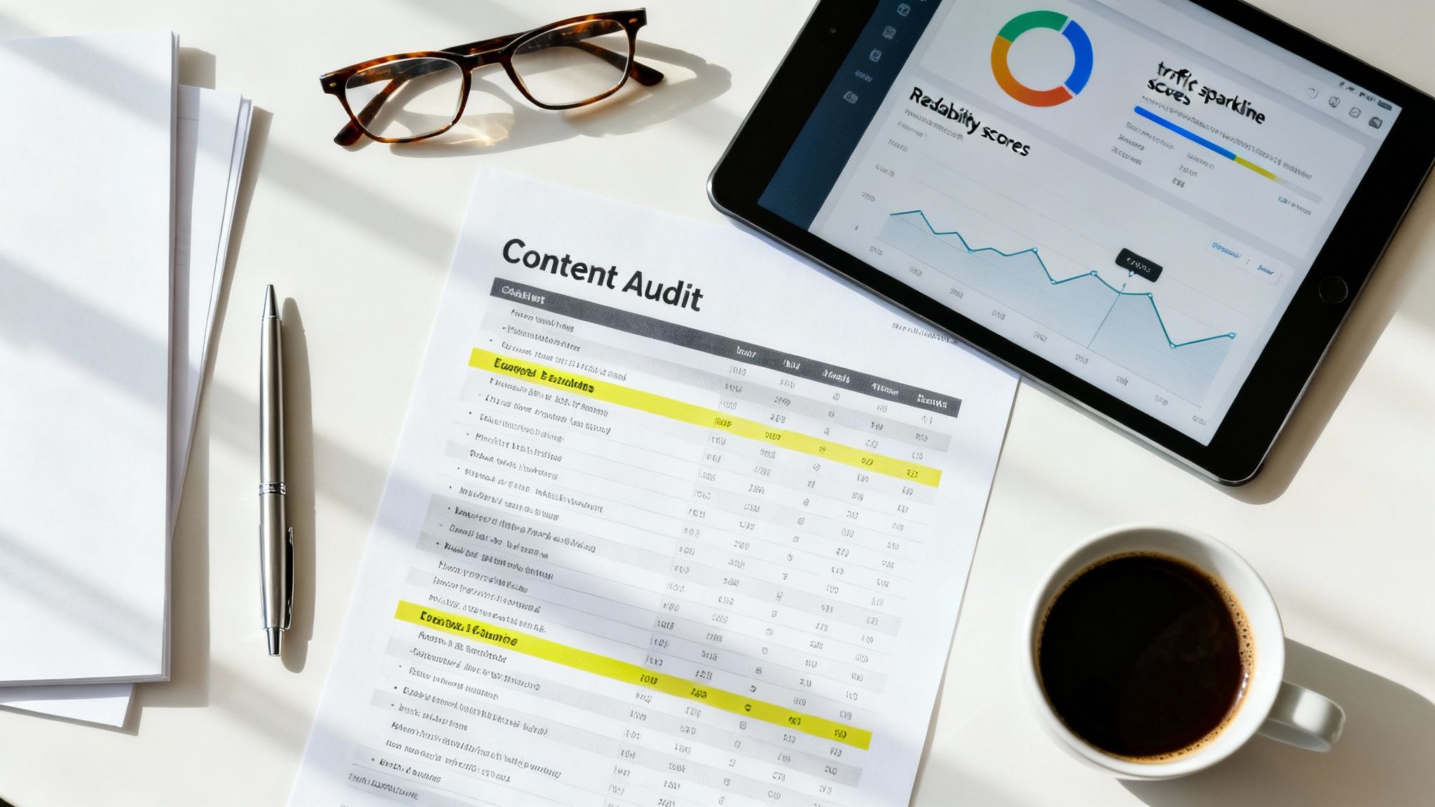 Overhead view of a content audit document, tablet with analytics, eyeglasses, pen, and coffee cup.