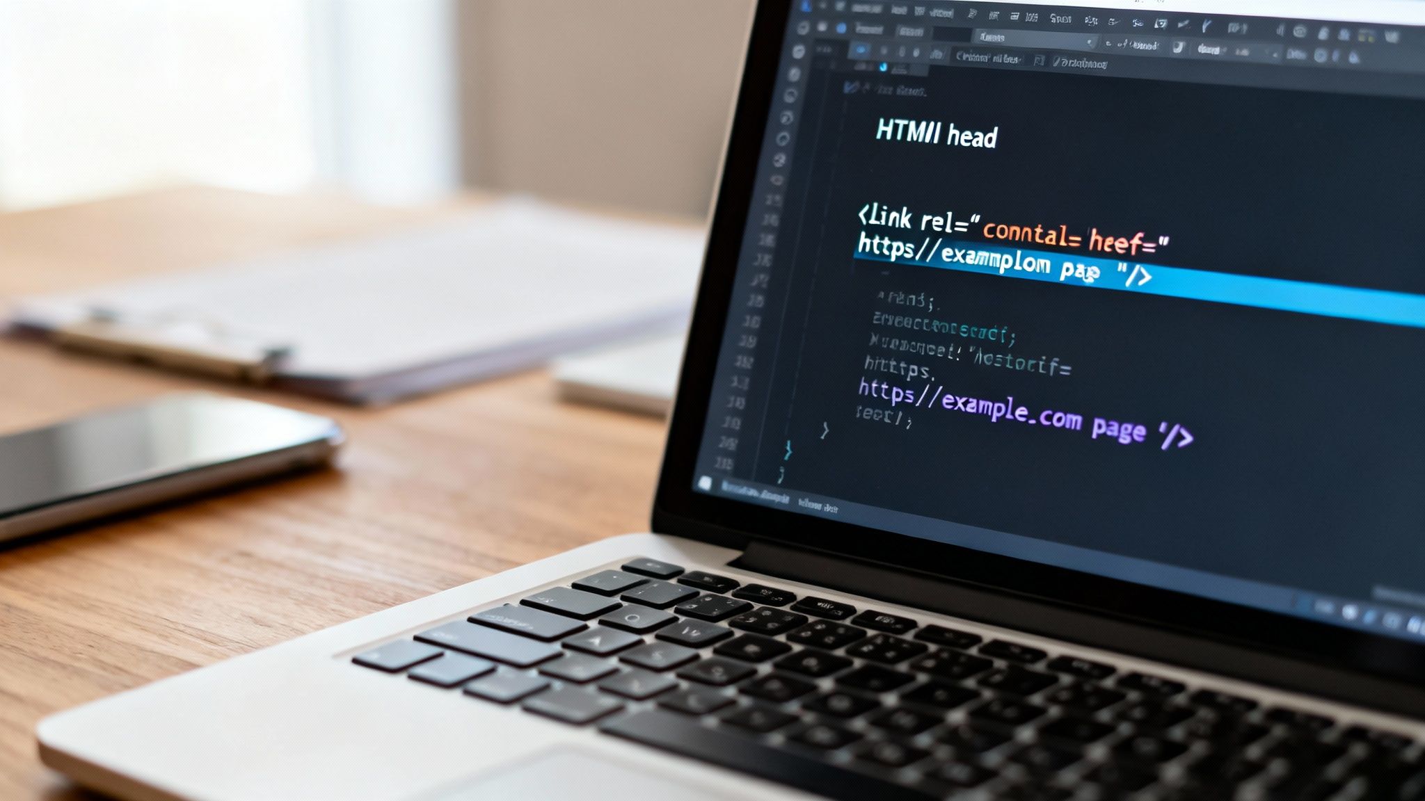 Laptop displaying code for a canonical link, with a smartphone and papers on a wooden desk.