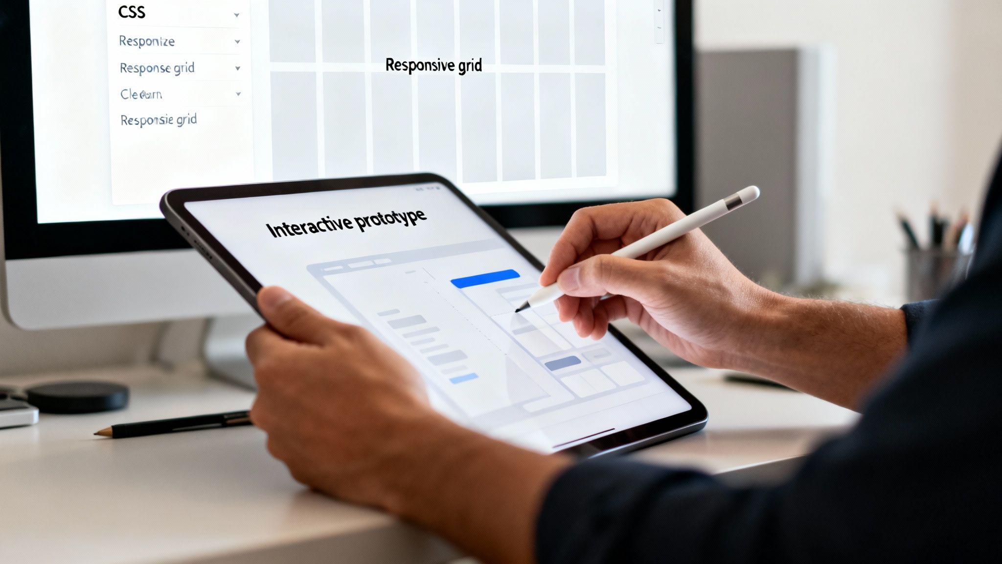 A person's hands using a stylus on a tablet showing an interactive prototype, with a desktop monitor displaying a responsive grid in the background.
