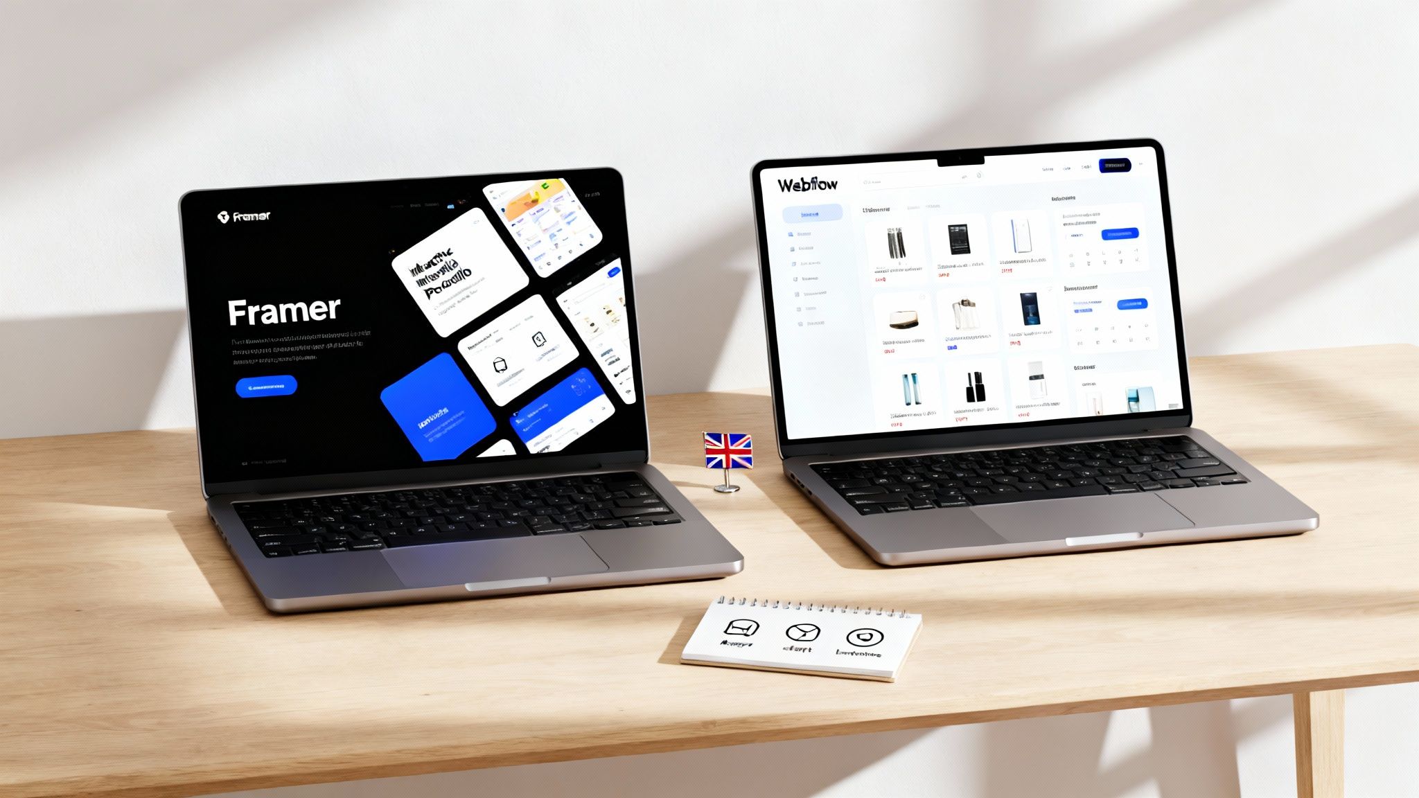 Two laptops on a wooden desk displaying Framer and Webflow website interfaces, with a UK flag between them.