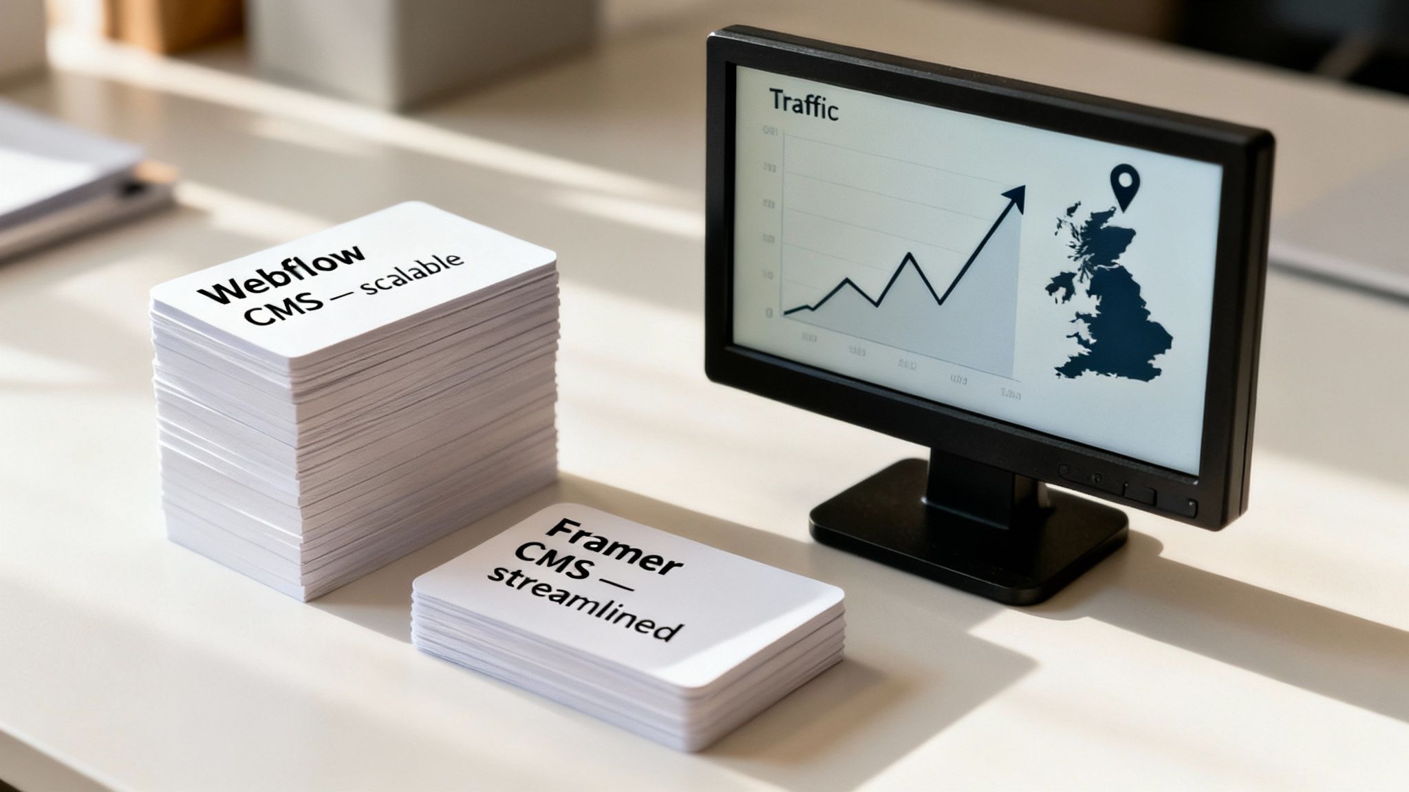 Cards comparing Webflow and Framer CMS features with a monitor showing UK traffic growth.