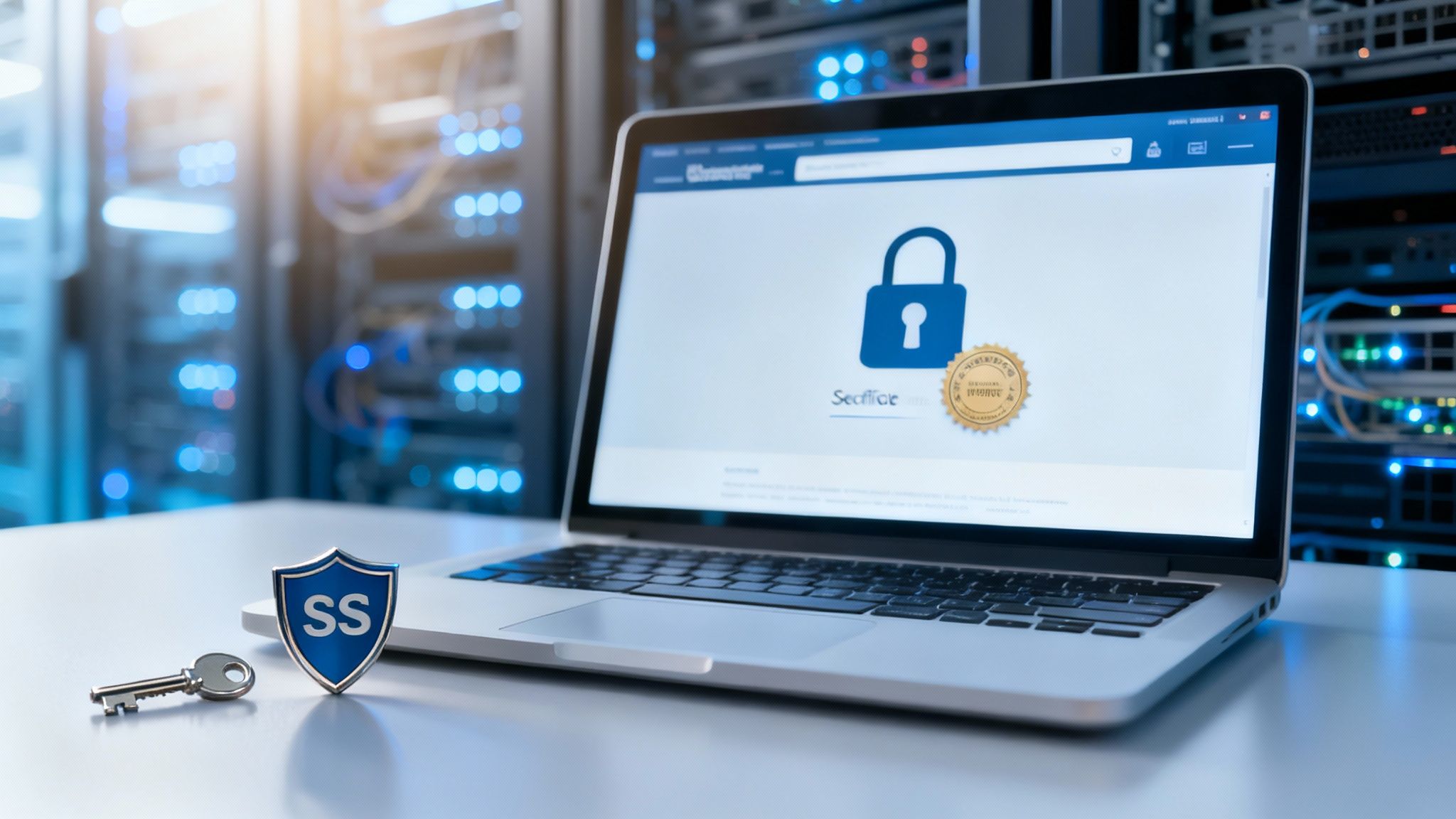 Laptop showing website security with a padlock, 'SS' shield, and key in a data center.