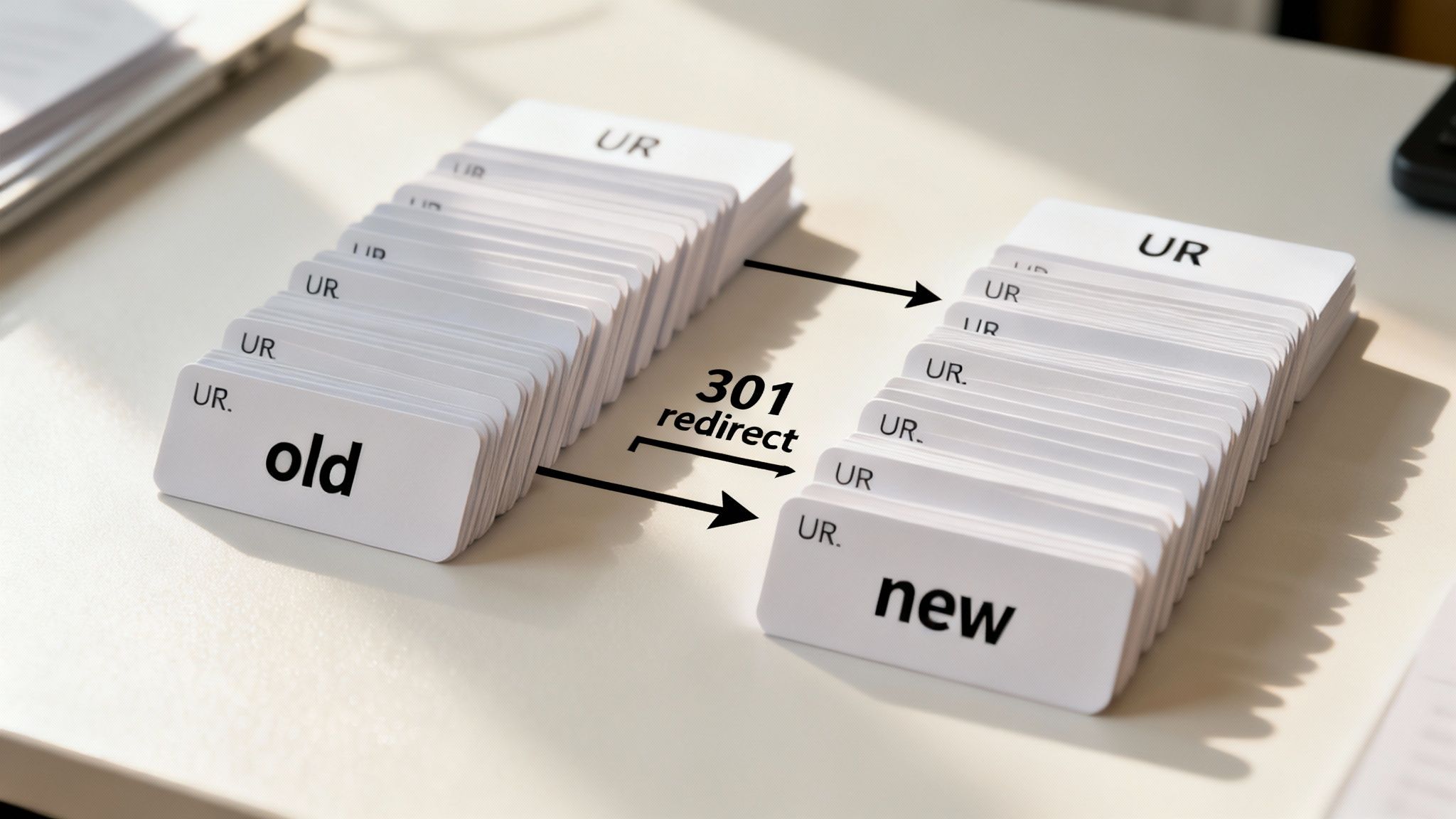 Two stacks of cards, one labeled 'old' and the other 'new', connected by '301 redirect' arrows.