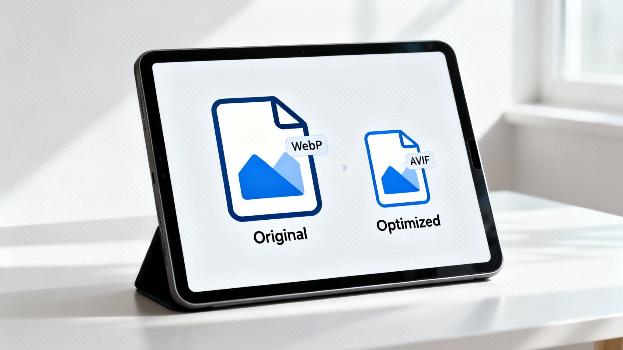 Tablet screen showing WebP original image file becoming smaller, optimized AVIF file.