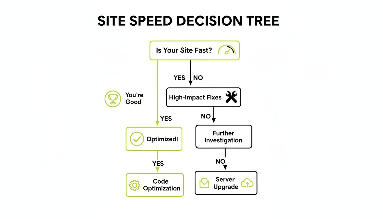 A decision tree flowchart for site speed optimization: assess, apply high-impact fixes, optimize, or upgrade server.