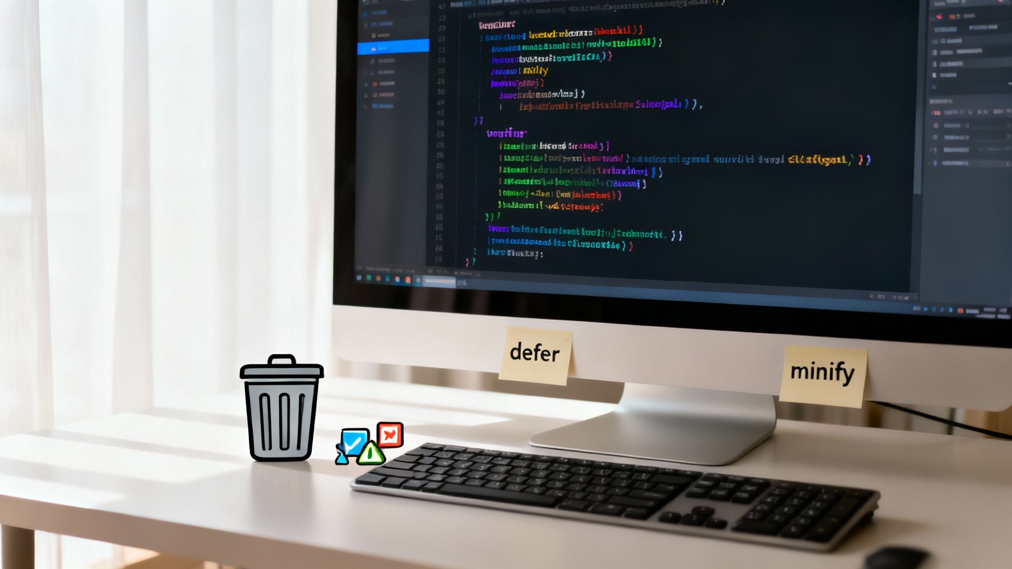 Computer screen displaying code with 'defer' and 'minify' sticky notes, a keyboard, and icons.