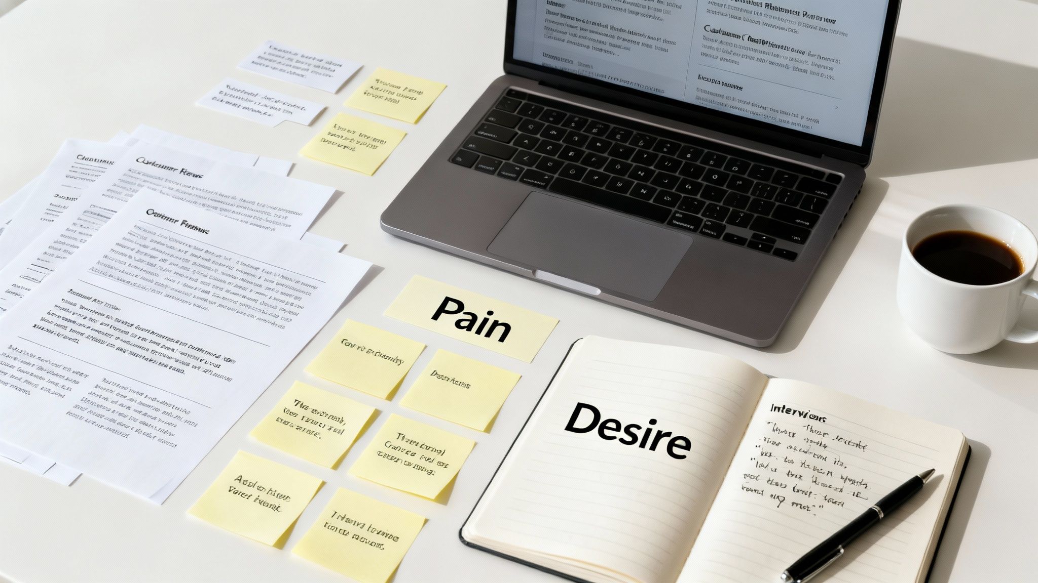 A workspace with a laptop, papers, sticky notes on customer pain points and desires, and a coffee.