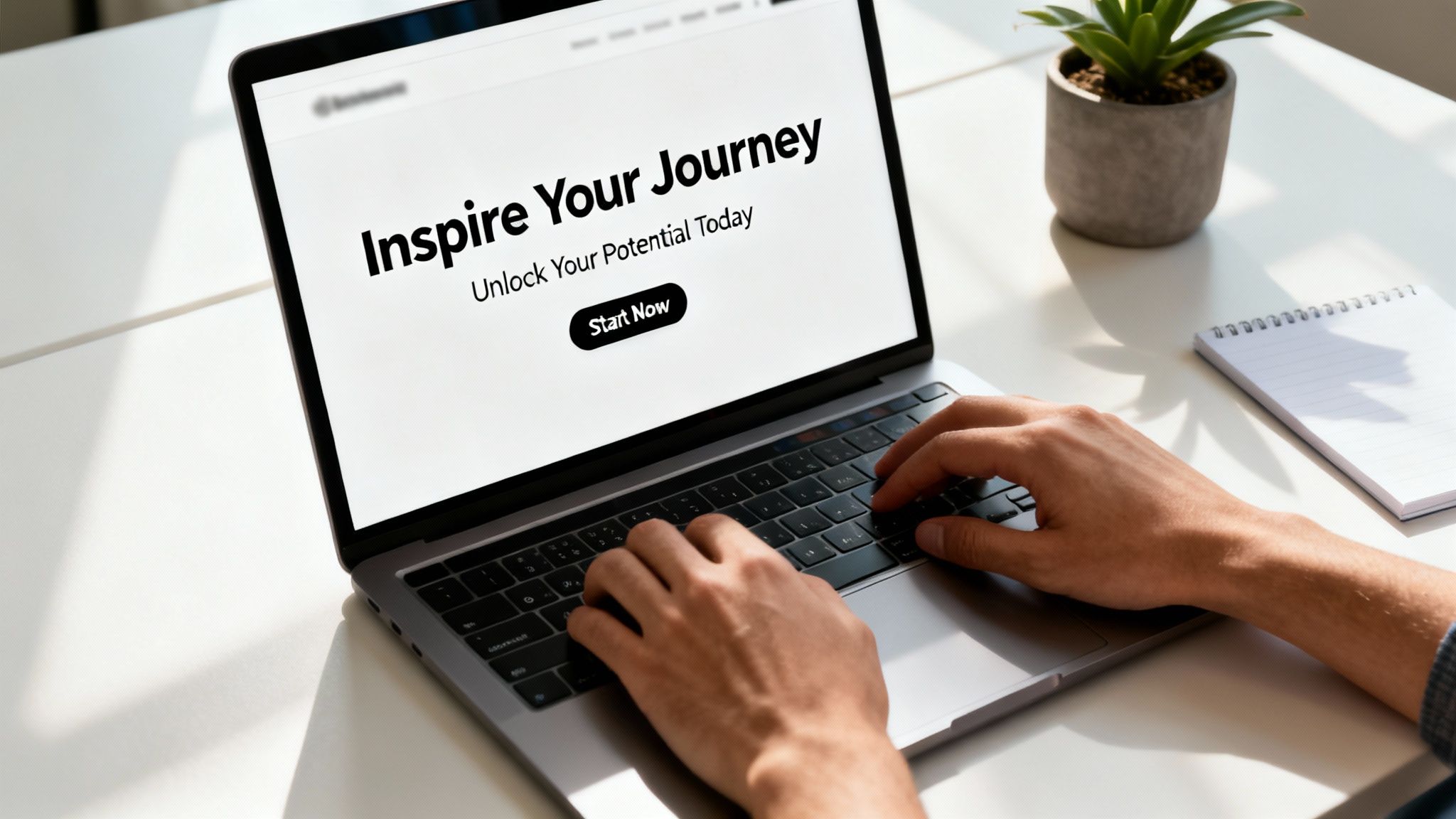 Close-up of hands typing on a laptop screen displaying 'Inspire Your Journey' on a white desk.