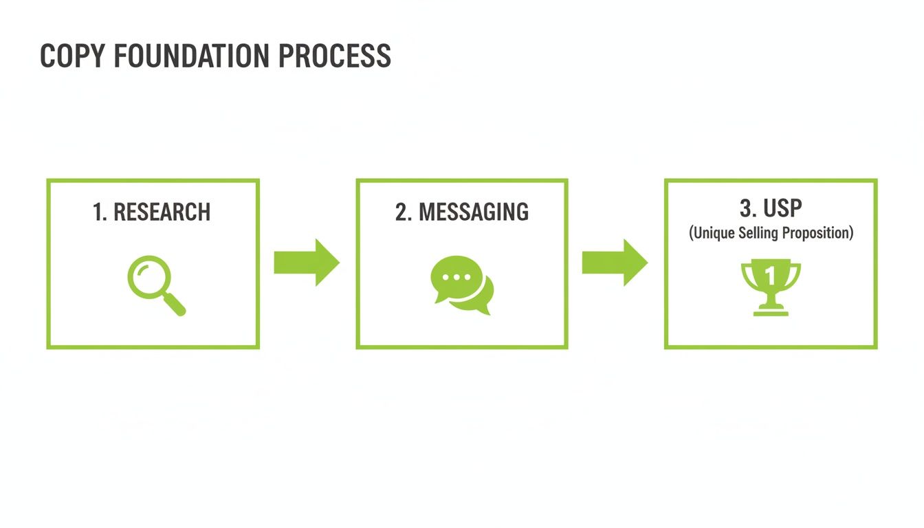 A three-step diagram outlining the Copy Foundation Process: Research, Messaging, and USP.
