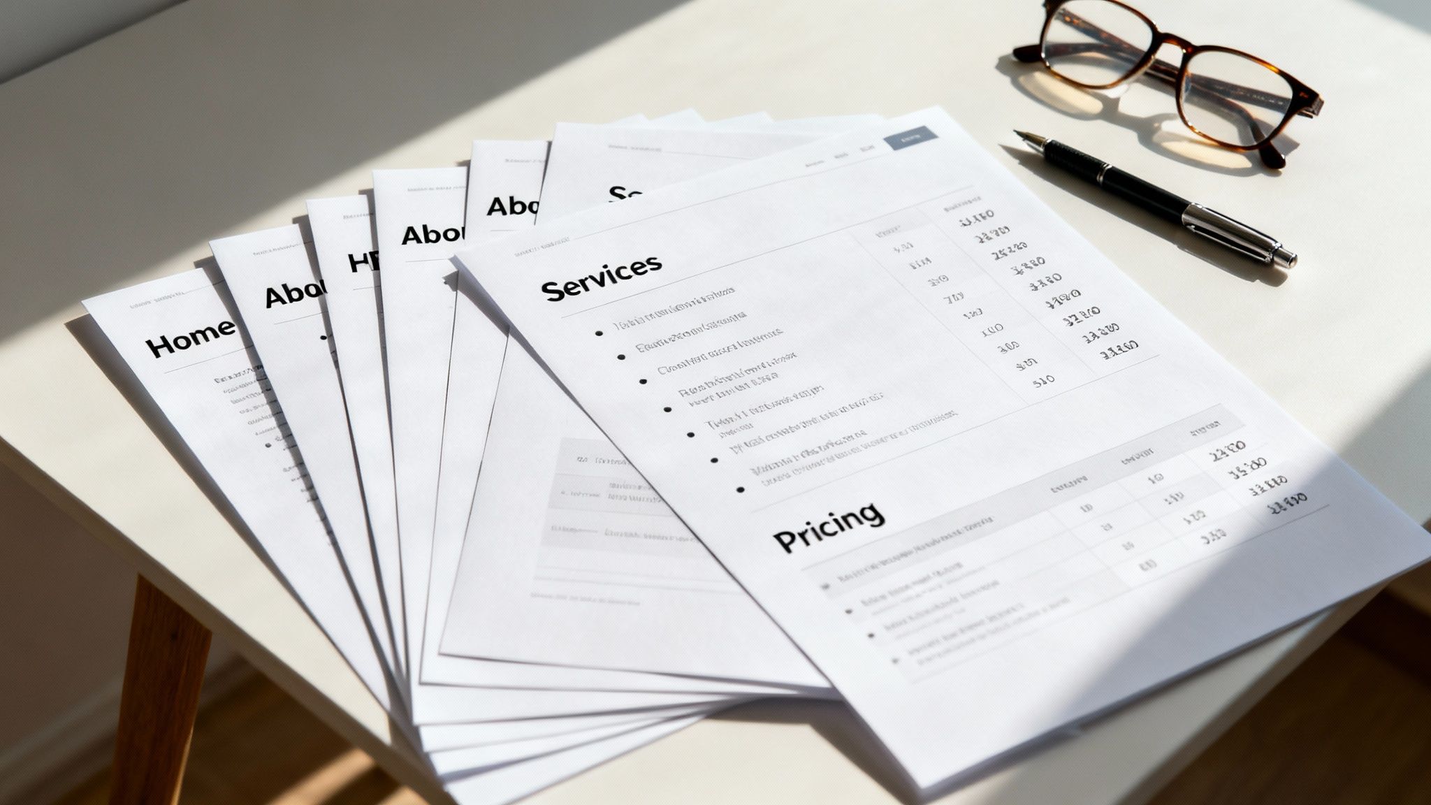 Stack of business documents with services and pricing details, next to glasses and a pen.