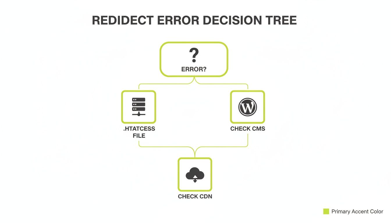 A redirect error decision tree flowchart showing steps to check .htaccess file, CMS, and CDN.
