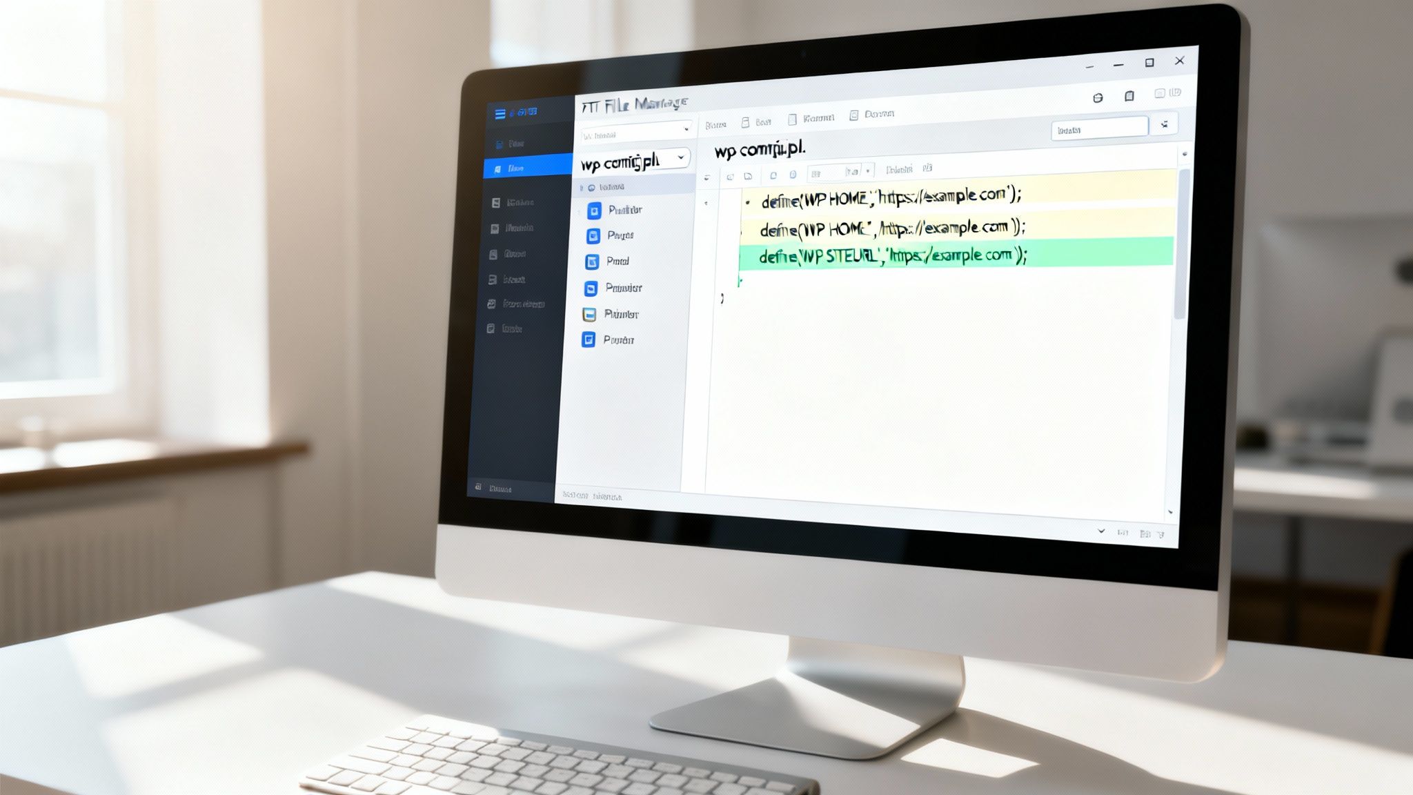 A computer monitor displays a file manager application showing WordPress configuration code.