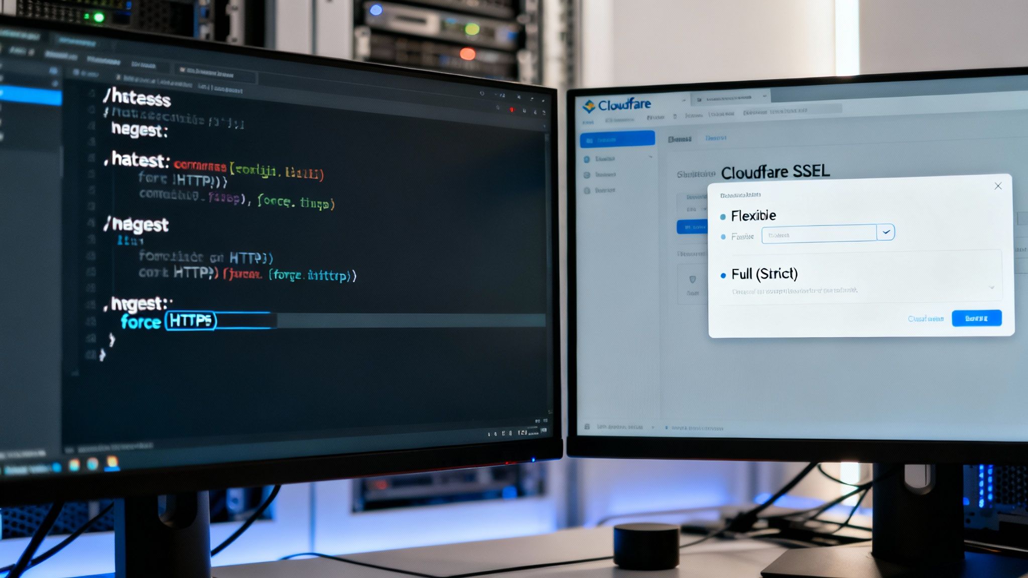 Dual monitors display web server code for HTTPS and Cloudflare SSL/TLS configuration options.