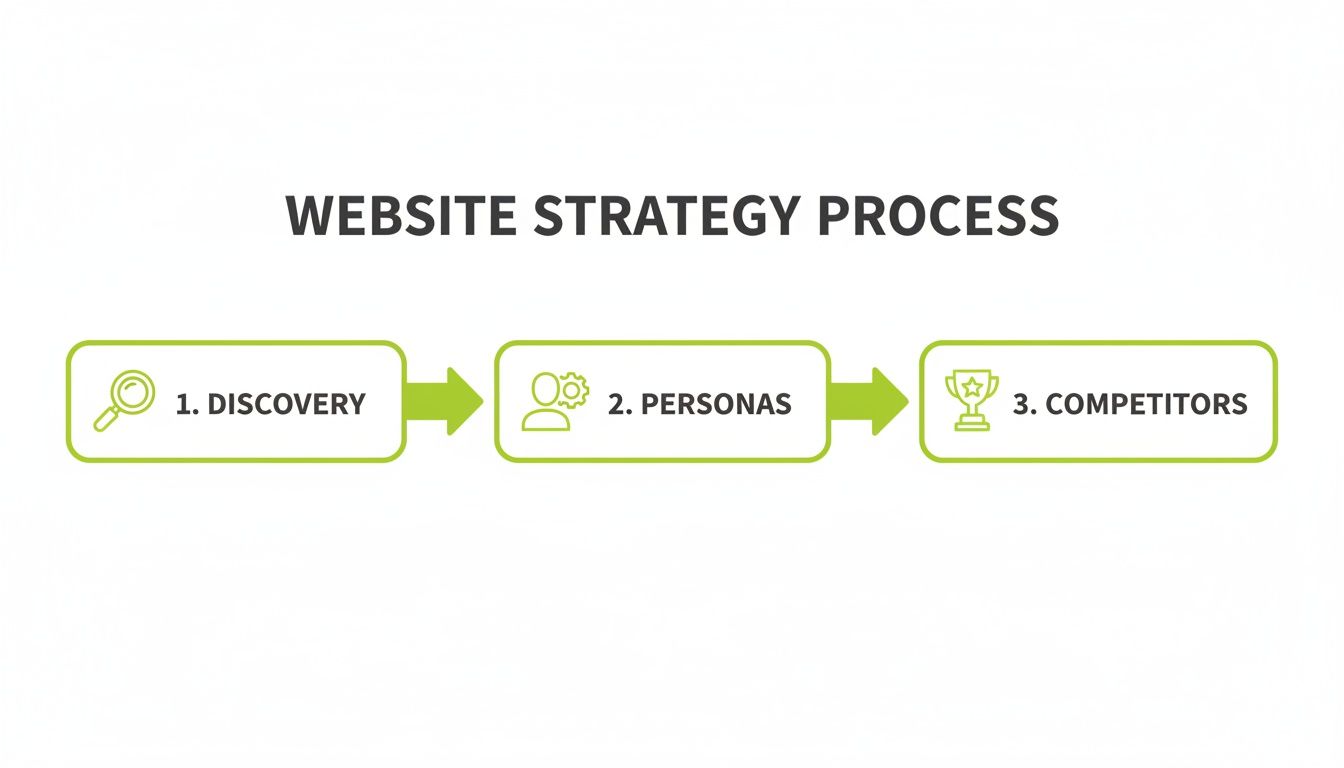 A diagram outlining the website strategy process with steps: Discovery, Personas, and Competitors.