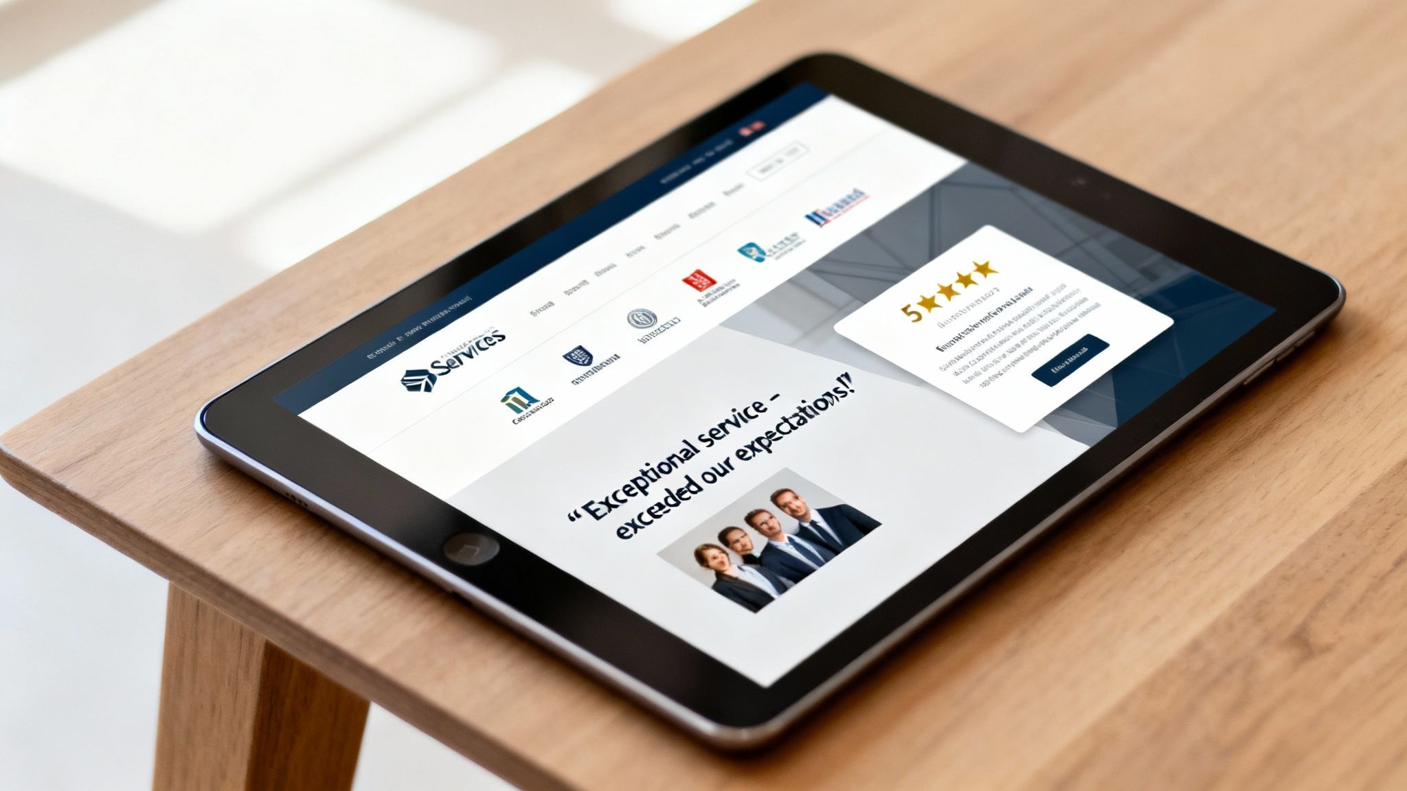 A tablet on a wooden desk displaying a professional services website with glowing customer feedback and team.
