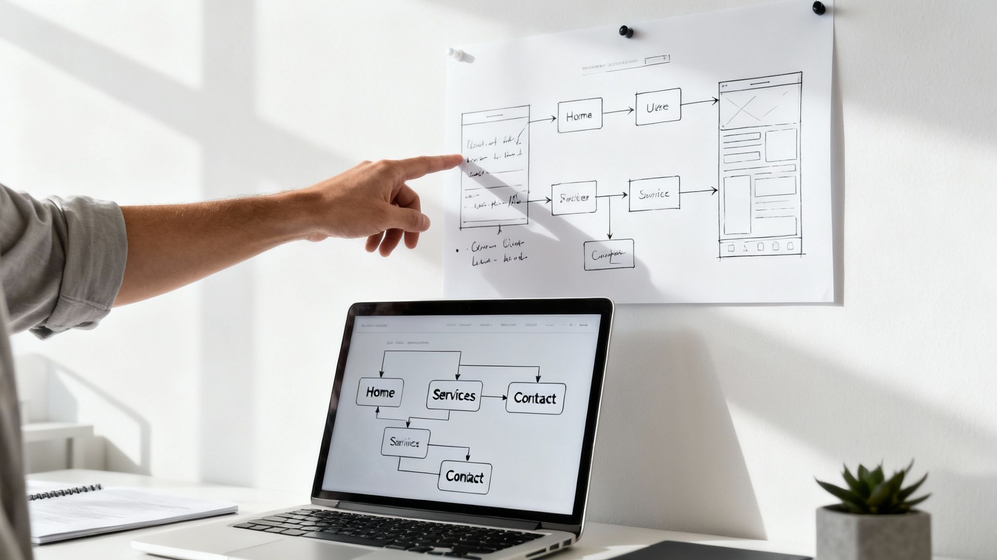 Person pointing at a website sitemap on a whiteboard, with a laptop displaying a digital flowchart.