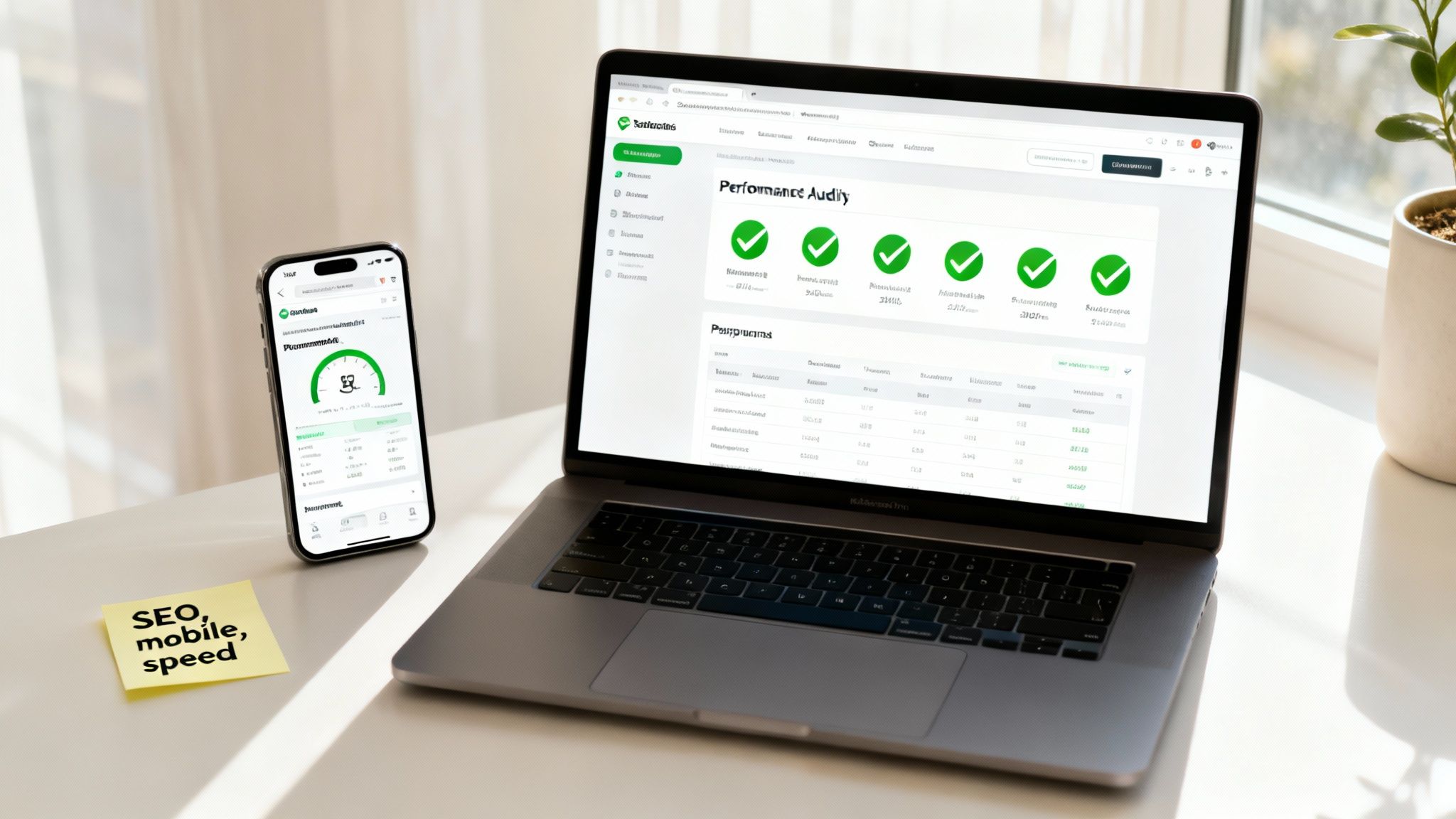 A laptop and smartphone display a performance audit dashboard with SEO, mobile, and speed metrics.