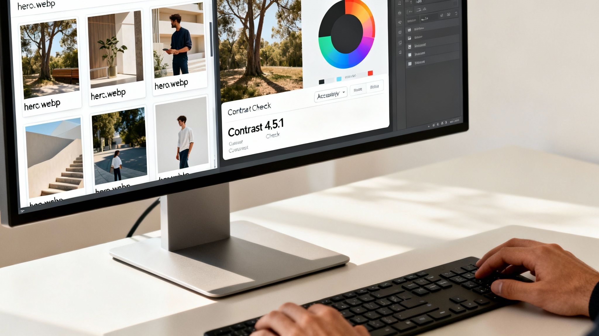Close-up of a person's hands typing on a keyboard, working on a monitor displaying web design assets and a contrast check tool.