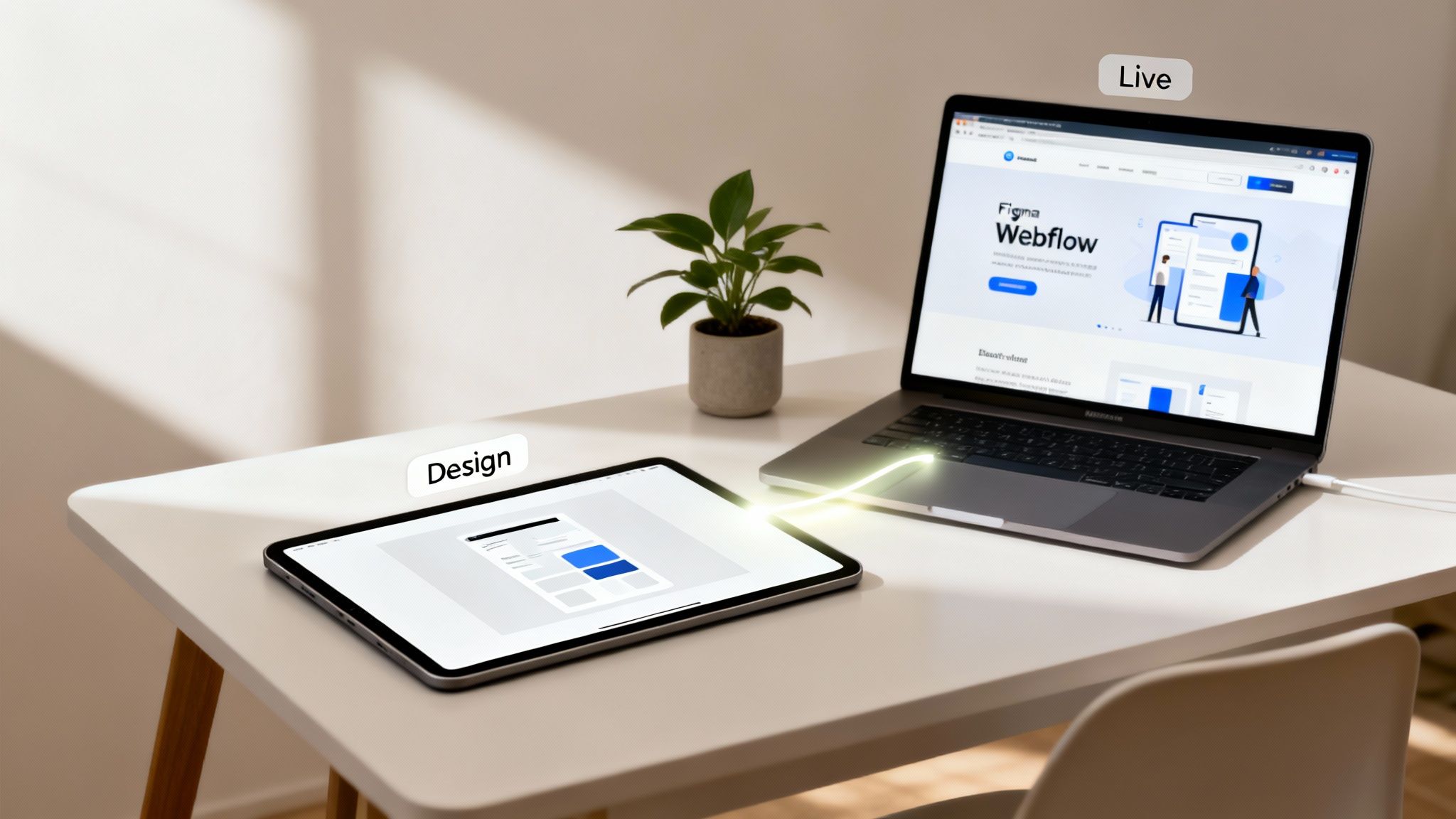 A tablet with a design layout connected to a laptop displaying a live Figma to Webflow site.