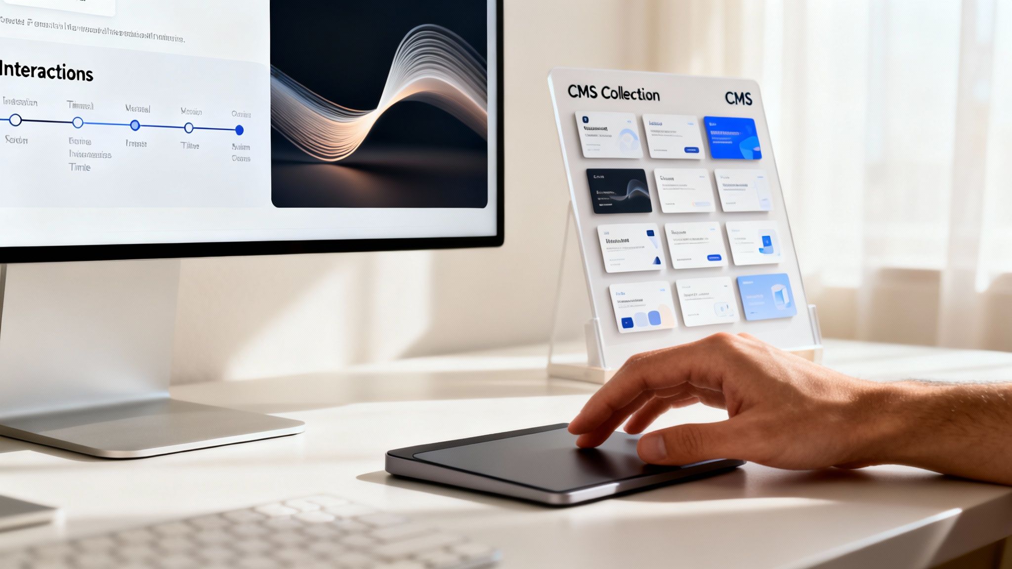 A person's hand interacts with a trackpad on a modern desk with a computer monitor and CMS collection display.