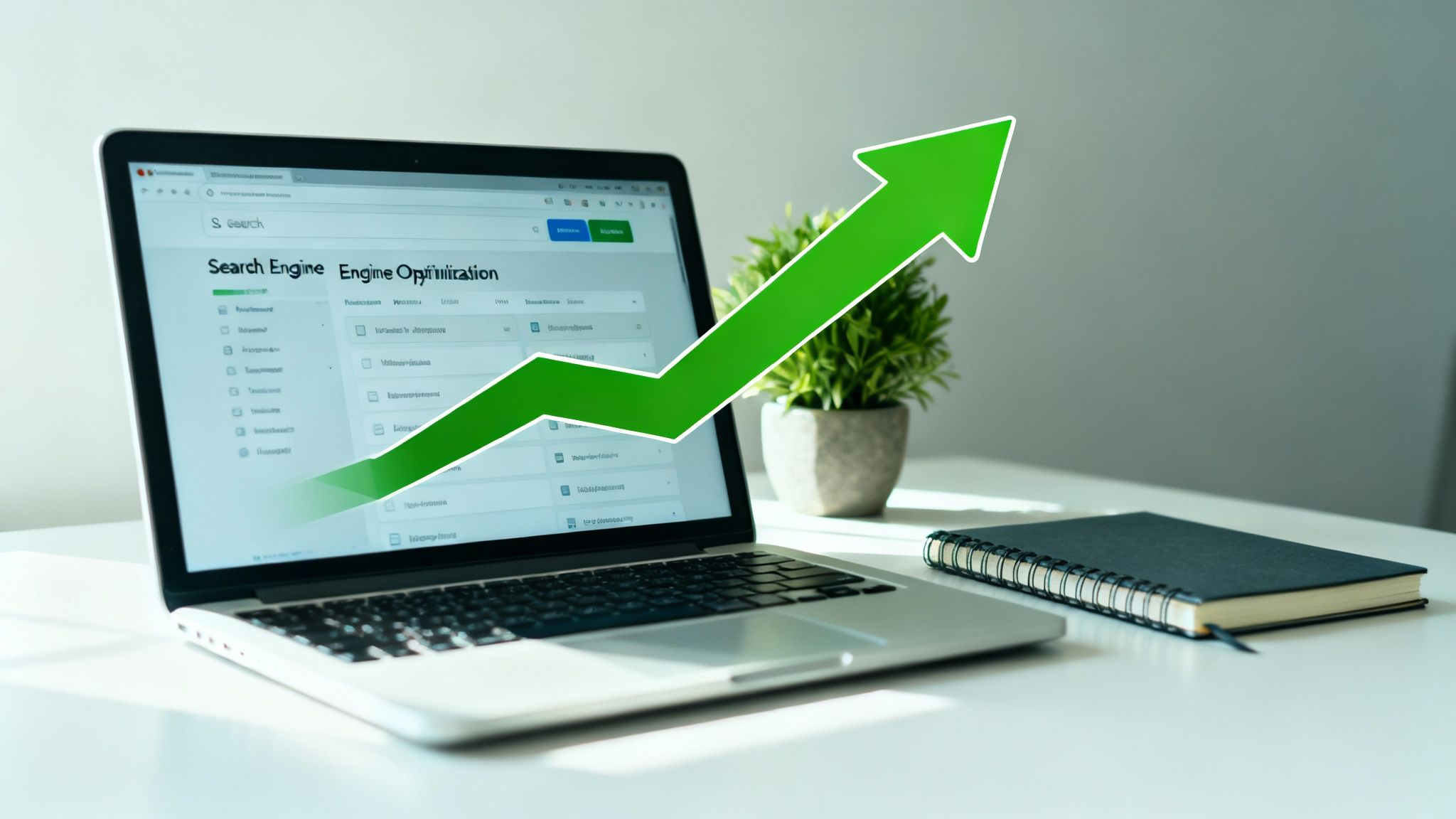 Laptop displaying 'Search Engine Optimization' dashboard with a large green upward-pointing arrow.