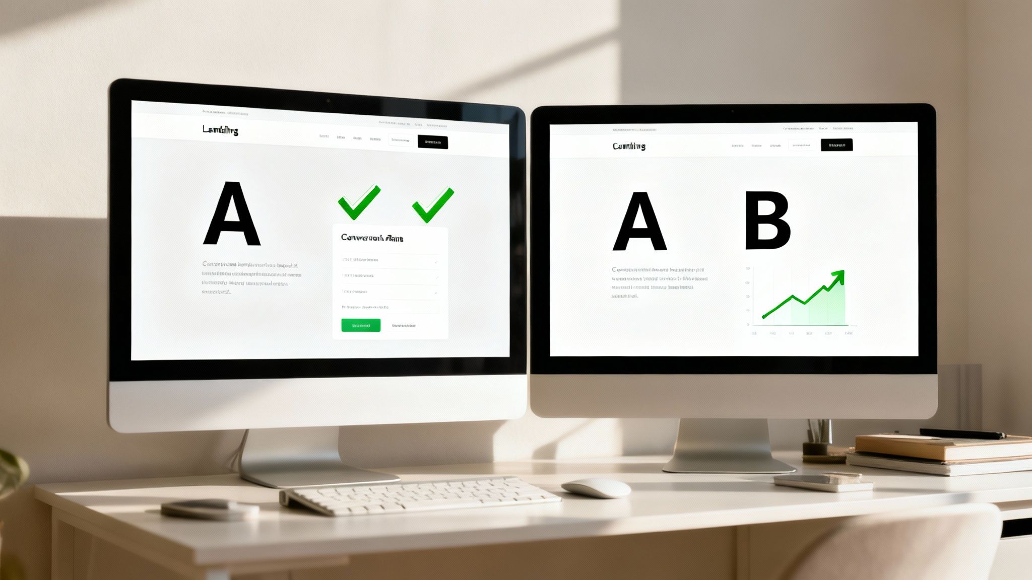 Two computer monitors on a white desk displaying A/B testing results and marketing data with checkmarks and graphs.
