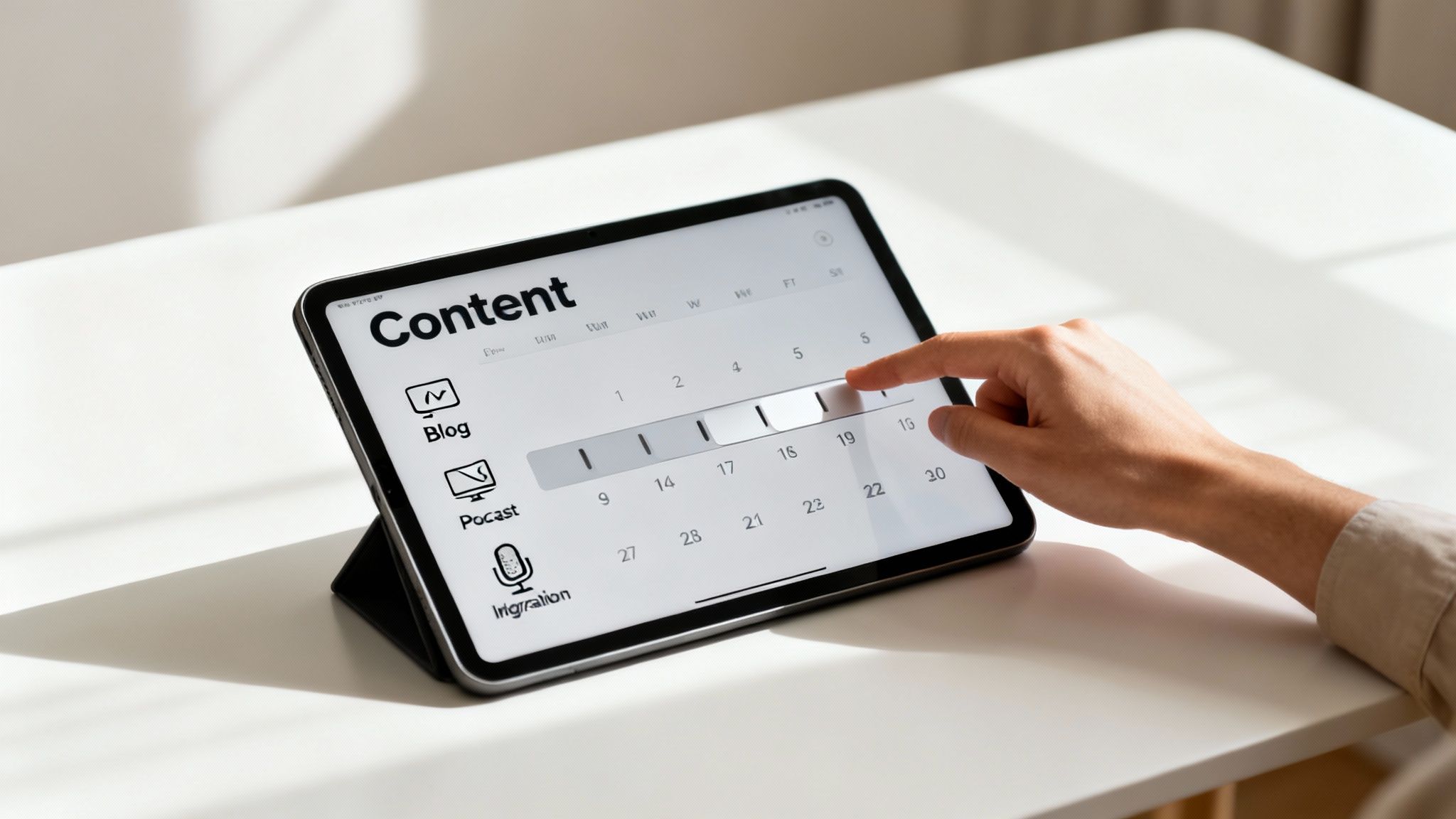 Hand tapping a digital content calendar on a tablet, planning blog and podcast content.