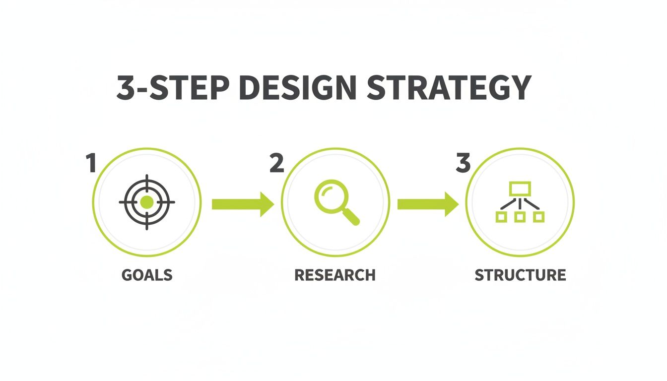 Visualizing a 3-step design strategy: goals, research, and structure, outlined with icons and arrows.