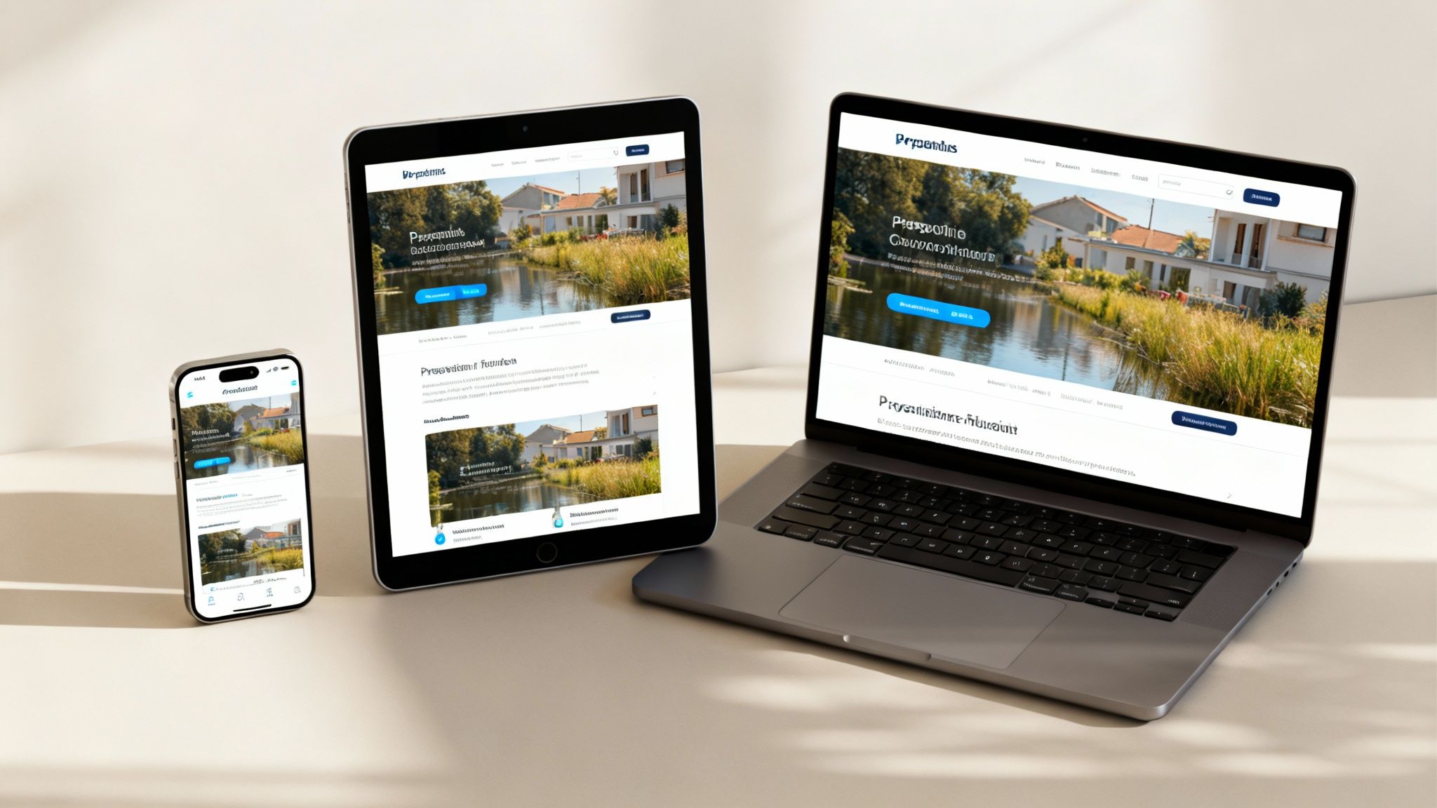 A responsive website layout displayed across a smartphone, tablet, and laptop showing houses by water.
