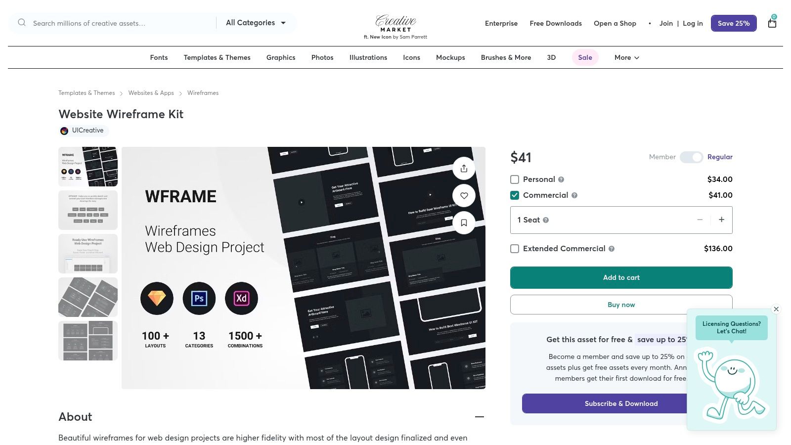 Creative Market – Website Wireframe Kit (example listing)