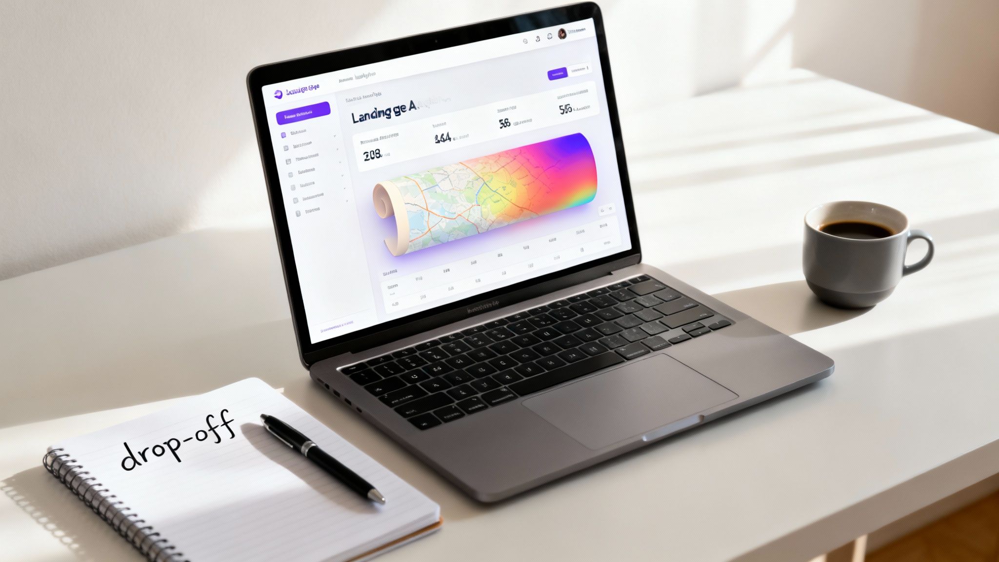 A desk with a laptop displaying a landing page analytics dashboard, a notebook with 'drop-off', and a coffee cup.