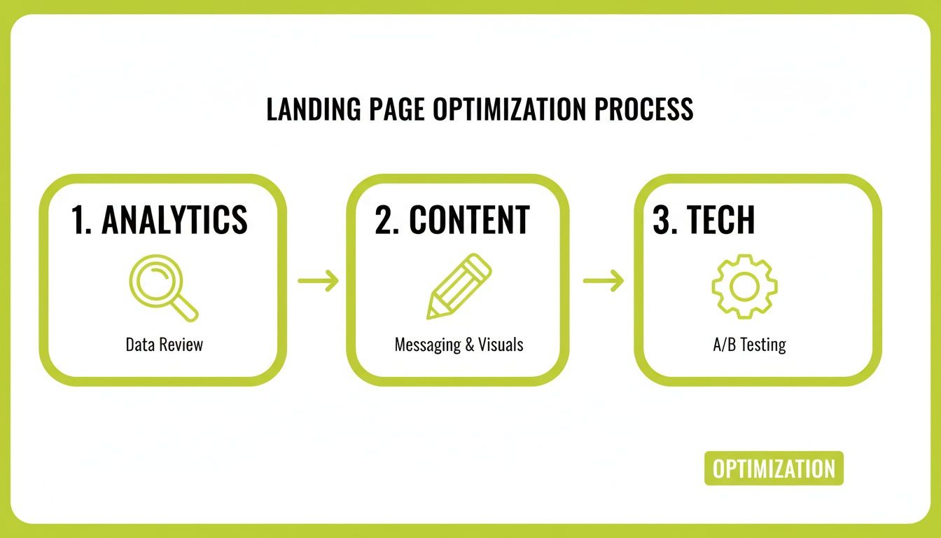 Flowchart illustrating a landing page optimization process: Analytics (Data Review), Content (Messaging & Visuals), and Tech (A/B Testing).