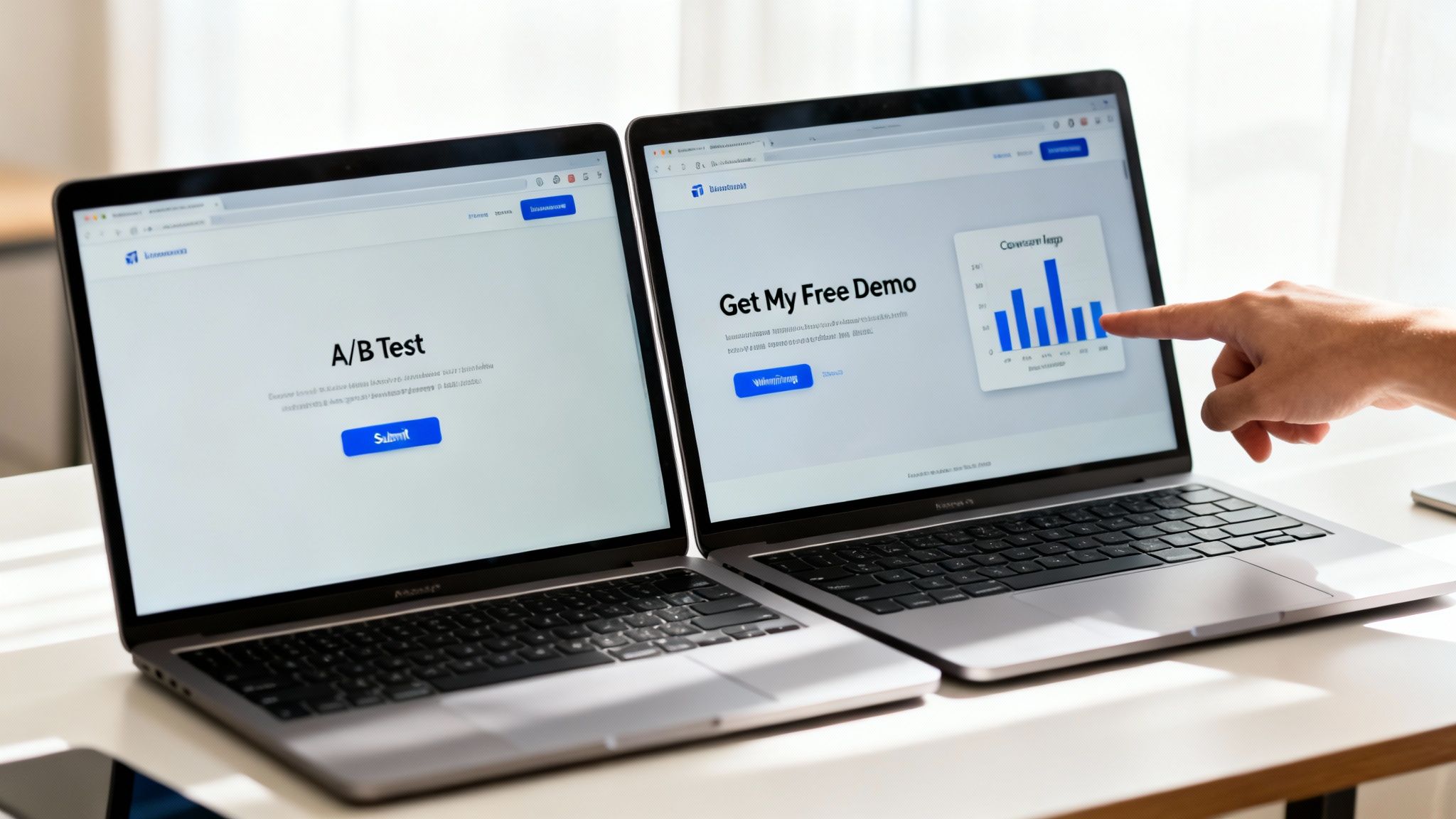 Two laptops displaying different landing pages for A/B testing and conversion analysis.