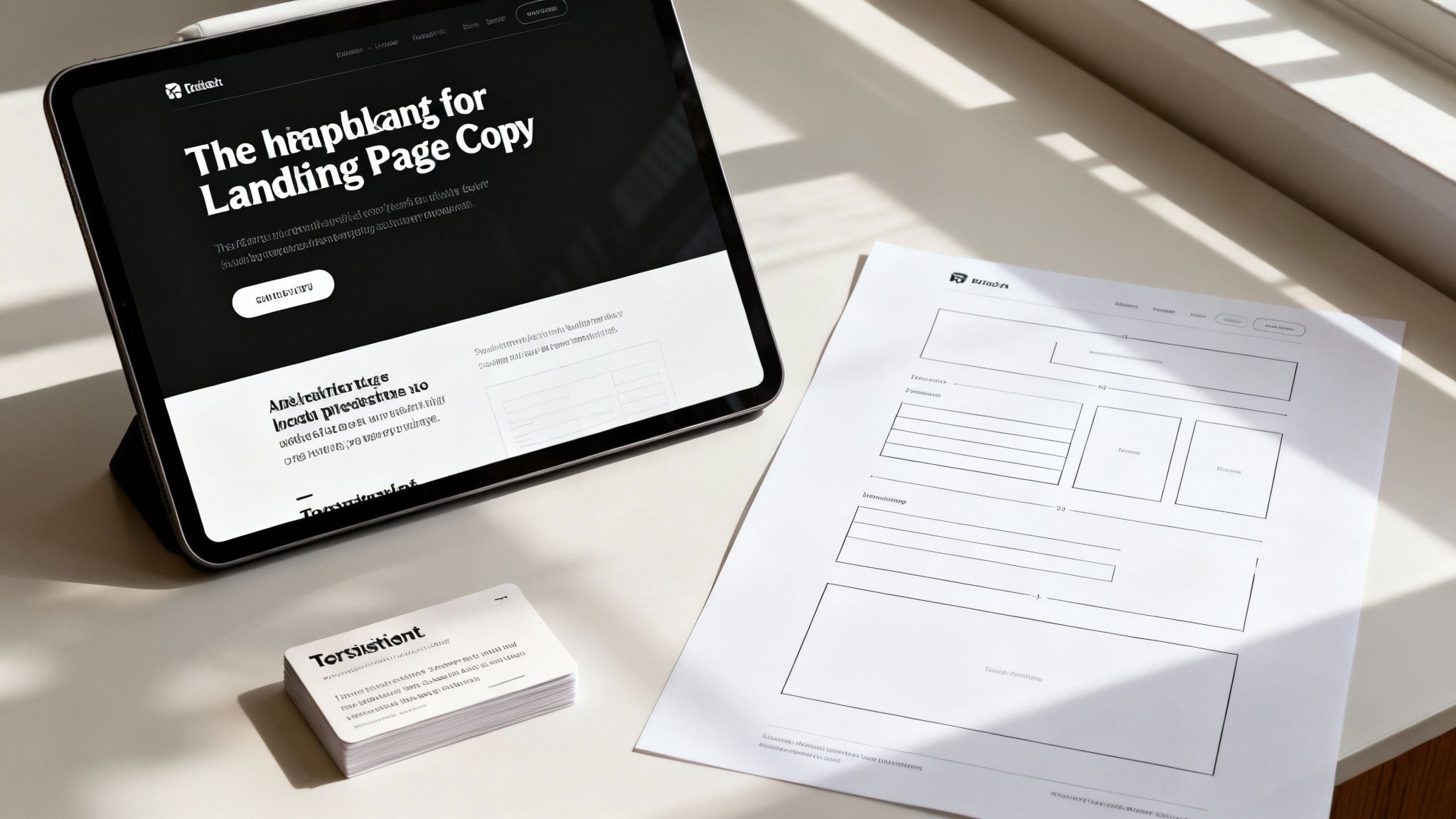 A desk setup with a tablet displaying a landing page design, a paper wireframe, and design concept cards.